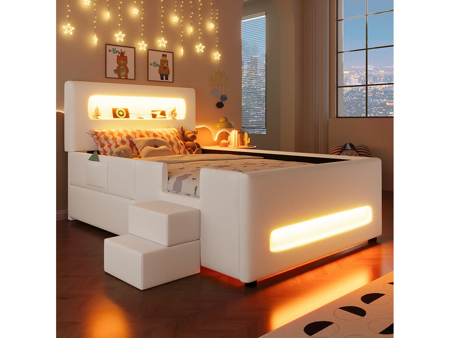 Letto imbottito per bambini - 90 x 200 cm - con scaletta + cassetti + testiera con LED e contenitore - MDF - bianco