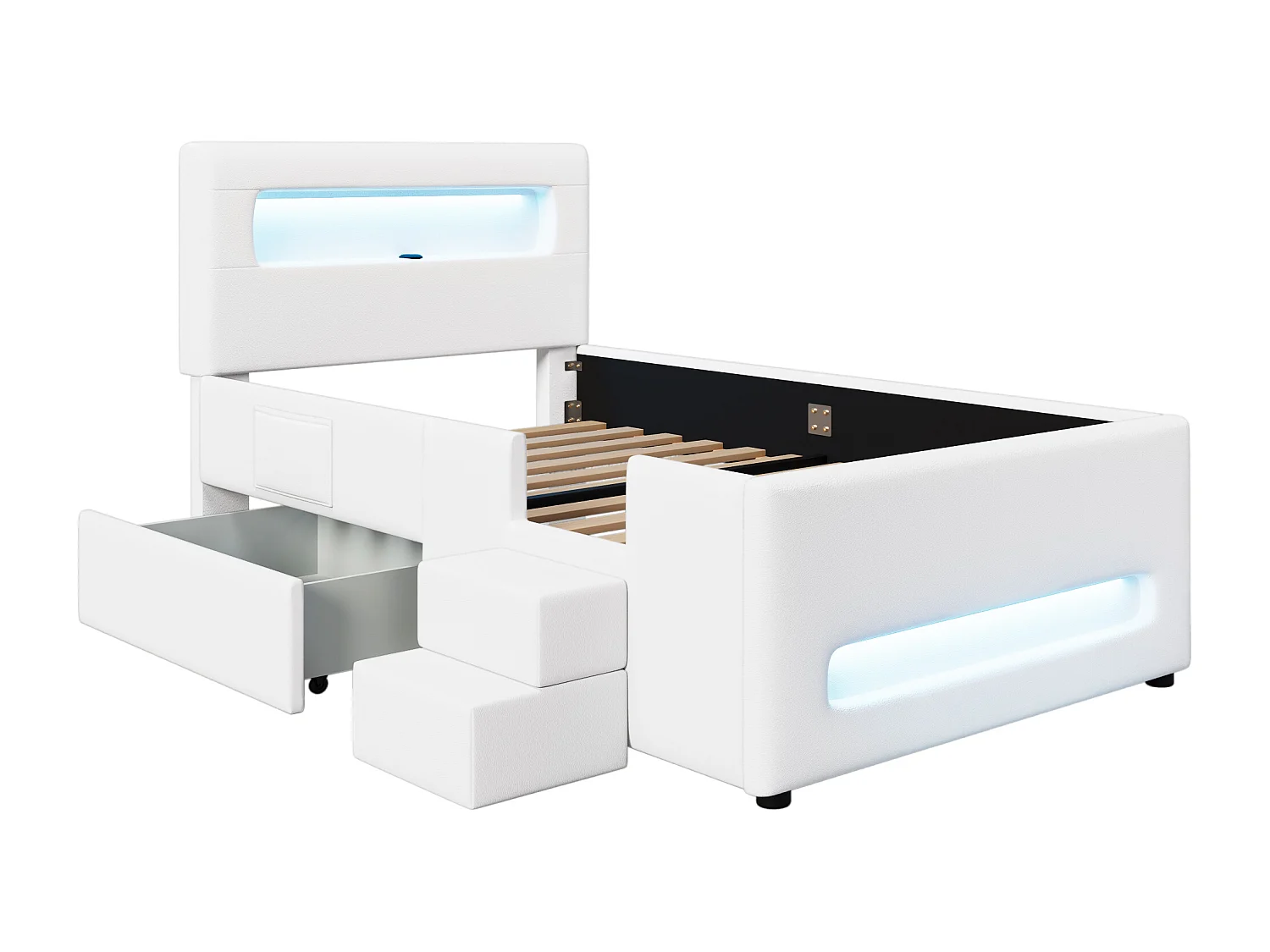 Letto imbottito per bambini - 90 x 200 cm - con scaletta + cassetti + testiera con LED e contenitore - MDF - bianco