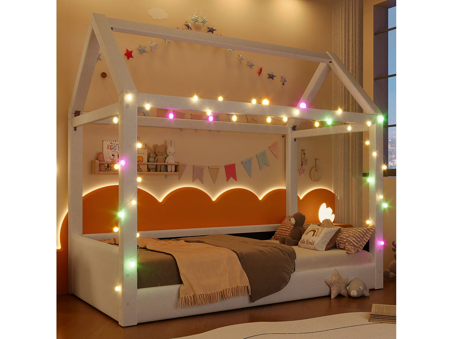 Canapé-lit capitonnée - 90 x 200 cm - avec Leds + toit - MDF - beige