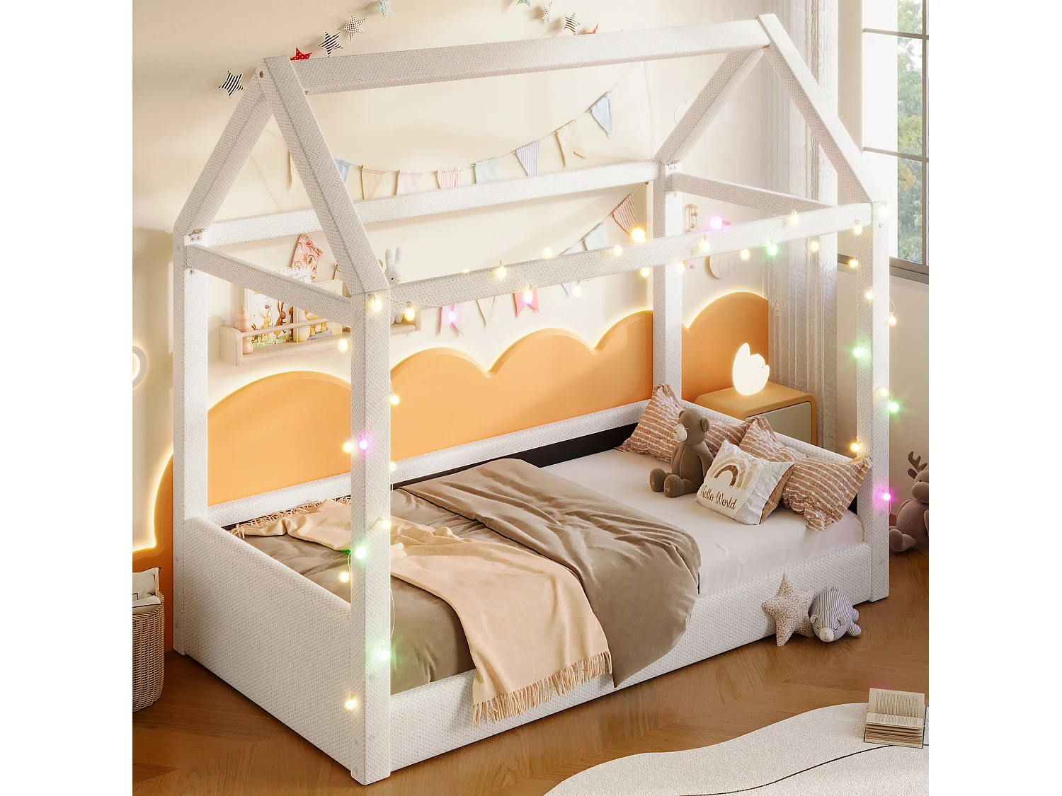 Canapé-lit capitonnée - 90 x 200 cm - avec Leds + toit - MDF - beige