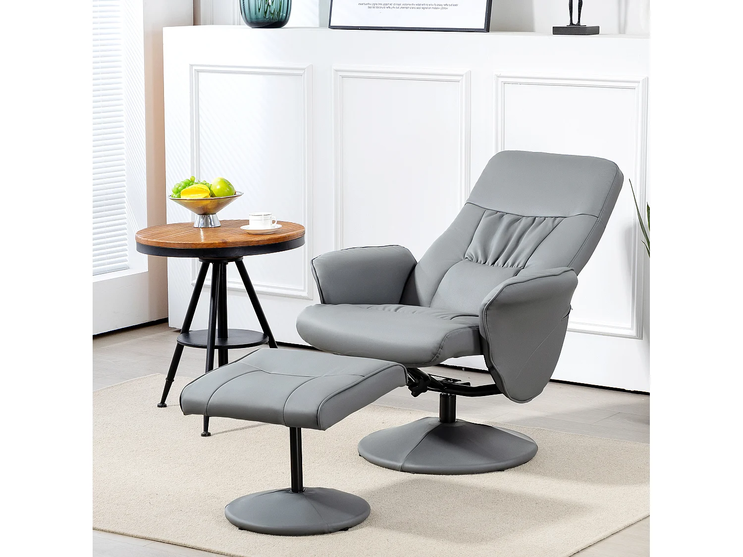 Fauteuil relax inclinable pivotant style contemporain avec repose-pied revêtement synthétique gris