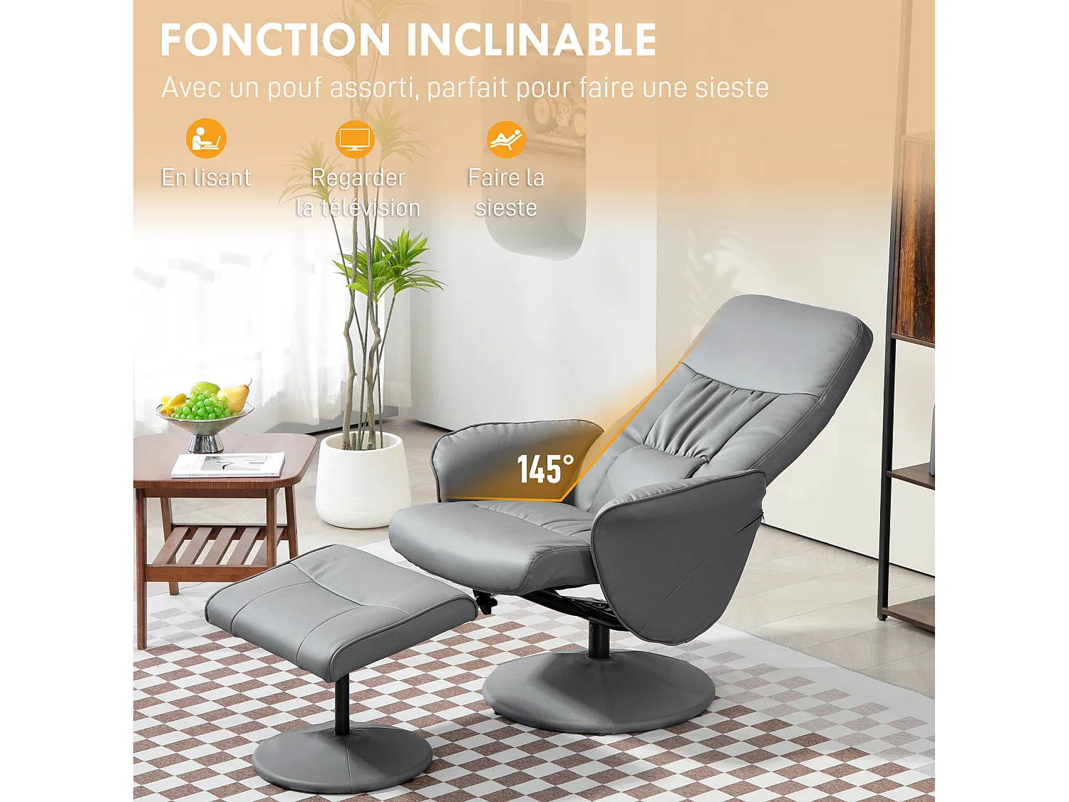 Fauteuil relax inclinable pivotant style contemporain avec repose-pied revêtement synthétique gris