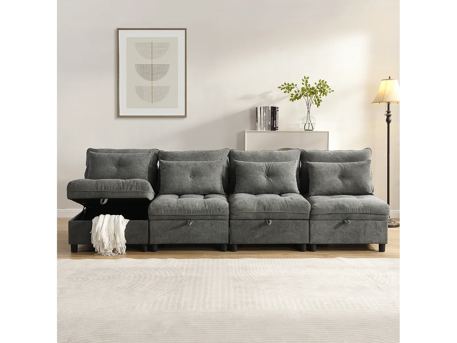 Ensemble de canapé modulable 4 places - coussins d'assise avec rangement + combinaisons libres - gris