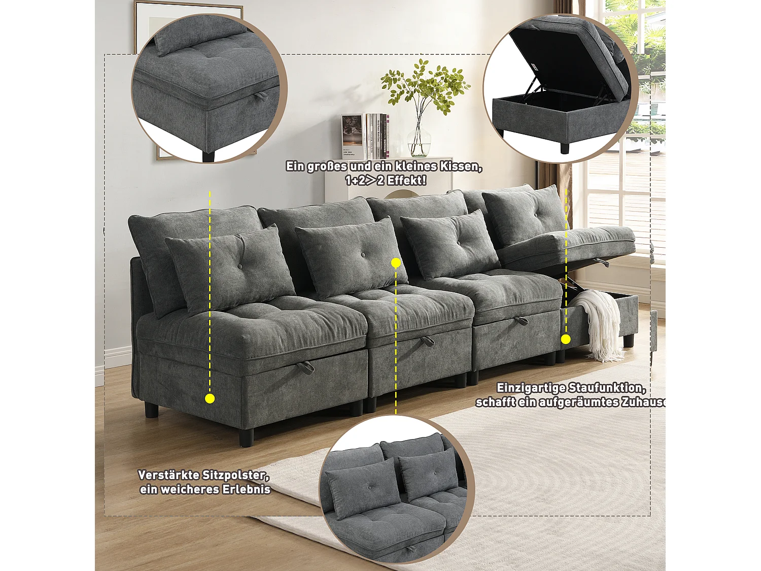 Ensemble de canapé modulable 4 places - coussins d'assise avec rangement + combinaisons libres - gris