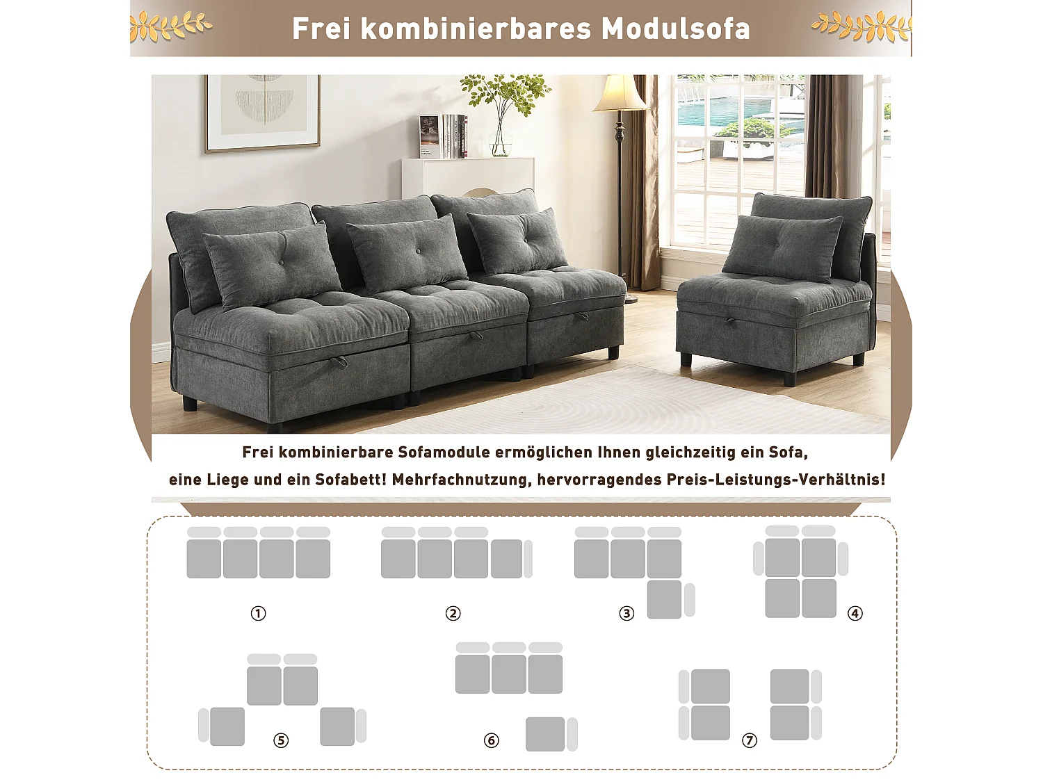 Ensemble de canapé modulable 4 places - coussins d'assise avec rangement + combinaisons libres - gris