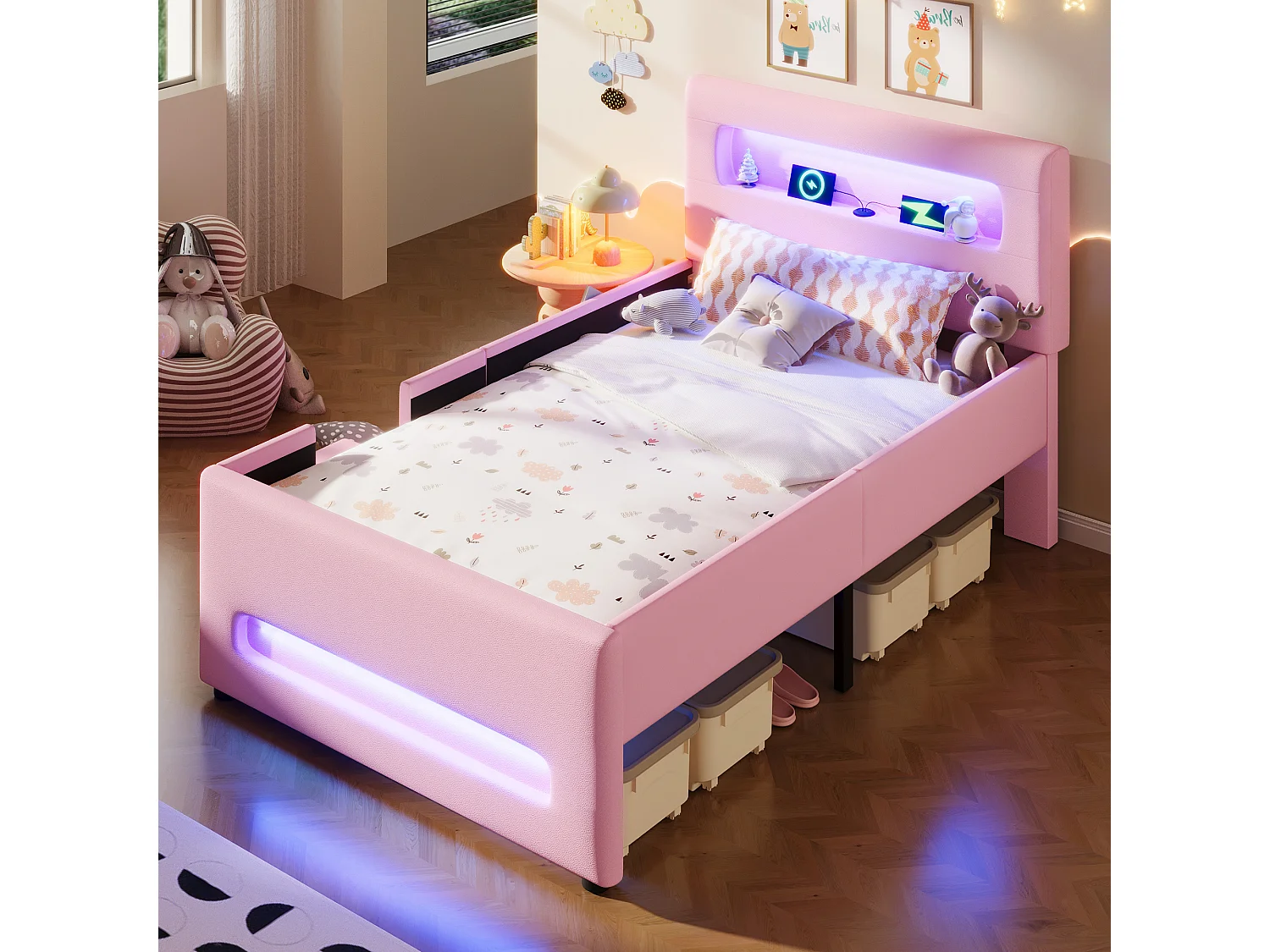 Lit capitonné pour enfant - 90 x 200 cm - avec escalier + tiroirs + tête de lit avec Leds et rangement -MDF - rose