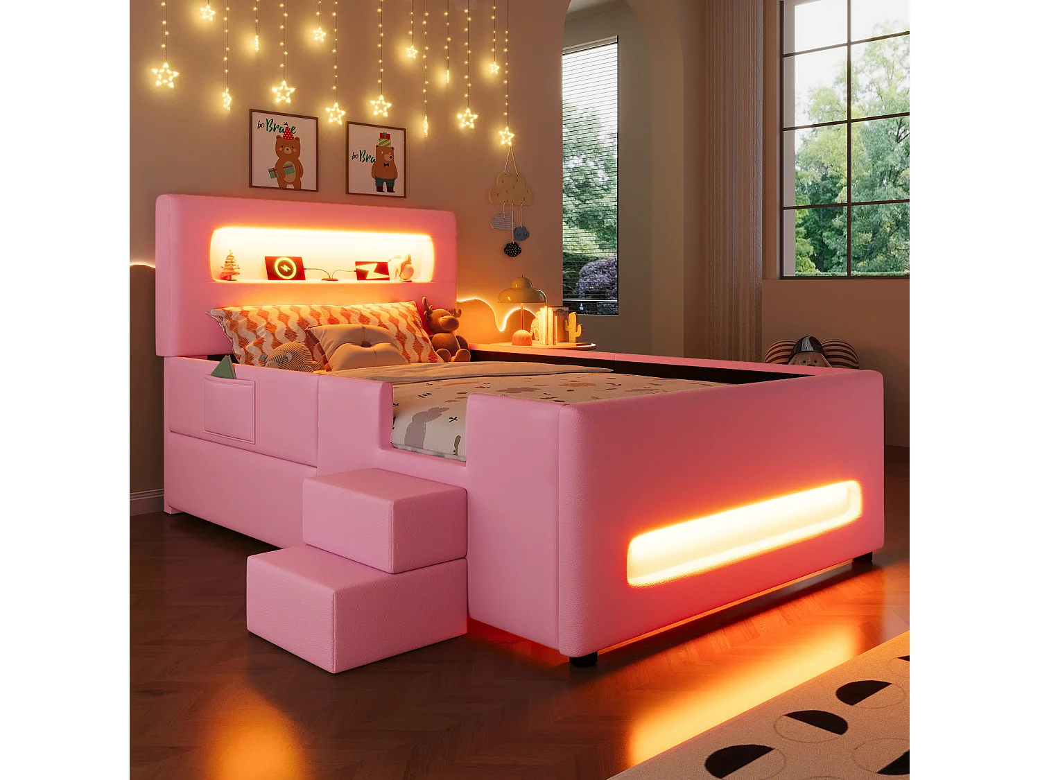 Gepolstertes Kinderbett – 90 x 200 cm – mit Treppe, Schubladen, Kopfteil mit LEDs und Stauraum – MDF – rosa