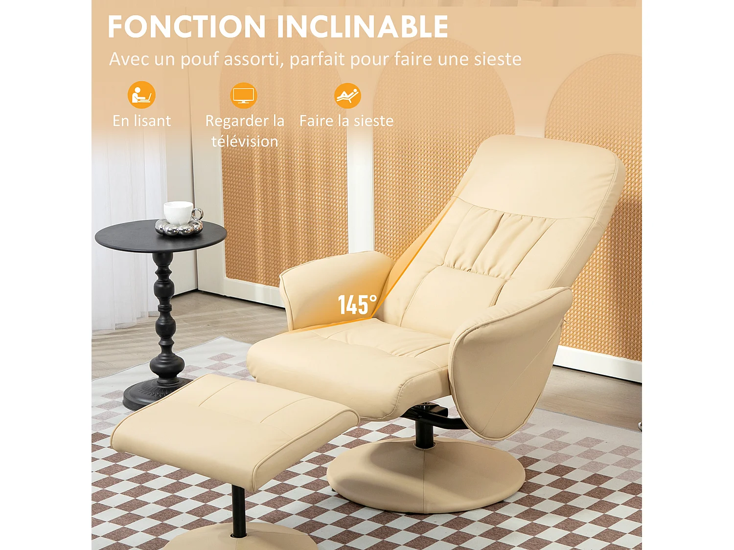 Fauteuil relax inclinable pivotant style contemporain avec repose-pied revêtement synthétique beige