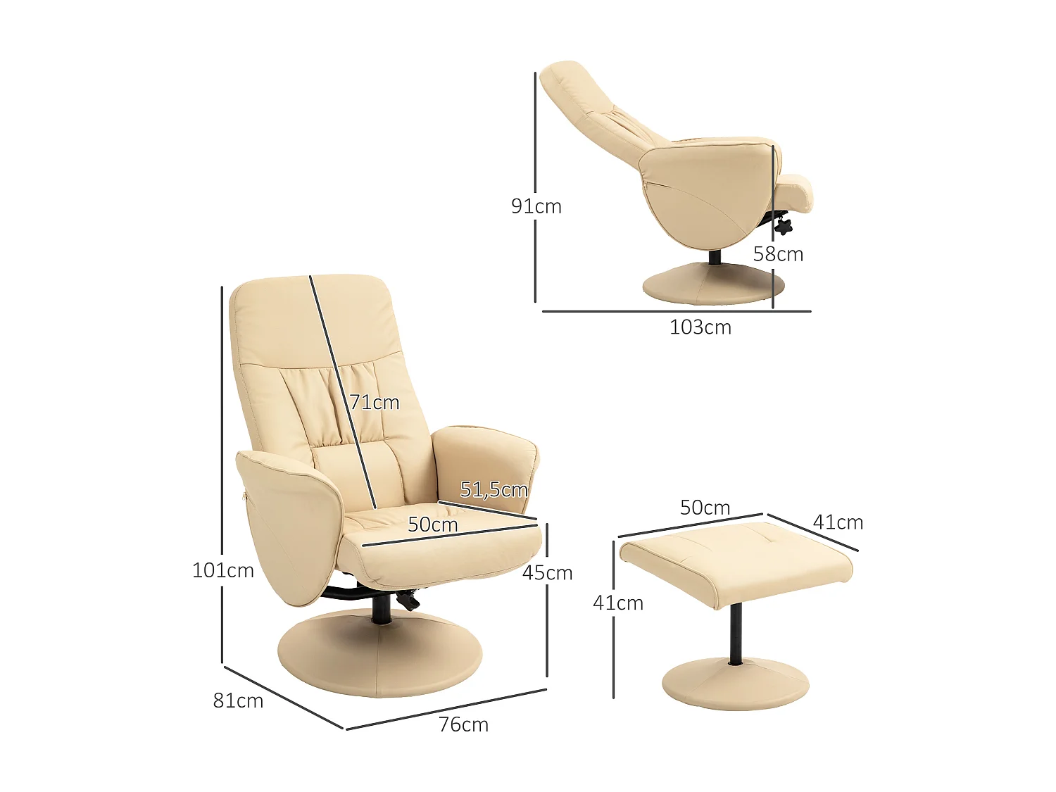 Fauteuil relax inclinable pivotant style contemporain avec repose-pied revêtement synthétique beige