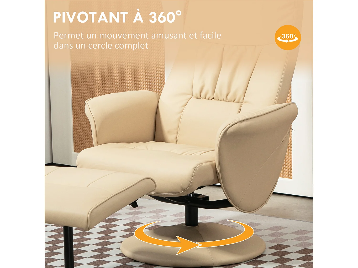 Fauteuil relax inclinable pivotant style contemporain avec repose-pied revêtement synthétique beige