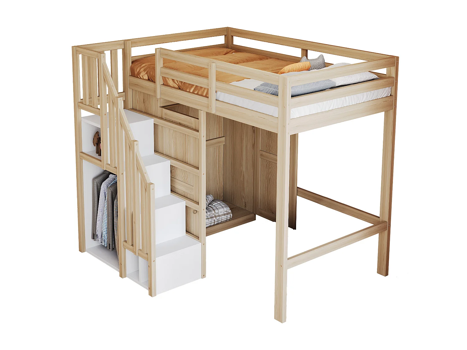 Cama alta infantil - 90 x 200 cm - con escalera de almacenaje + armario - madera - natural
