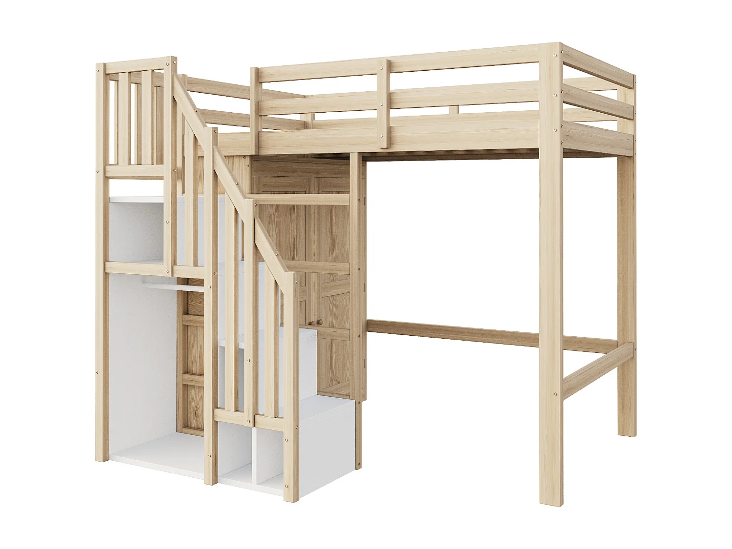 Cama alta infantil - 90 x 200 cm - con escalera de almacenaje + armario - madera - natural