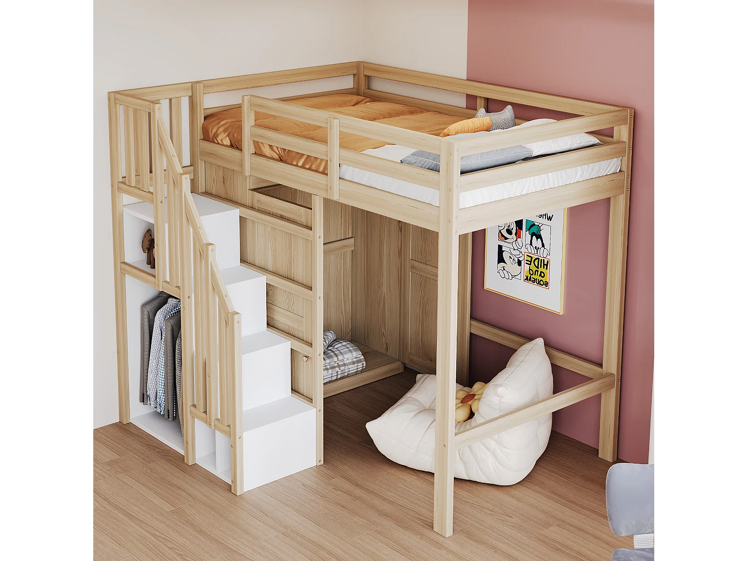 Letto a soppalco per bambini - 90 x 200 cm - con scaletta contenitore + armadio - legno - naturale