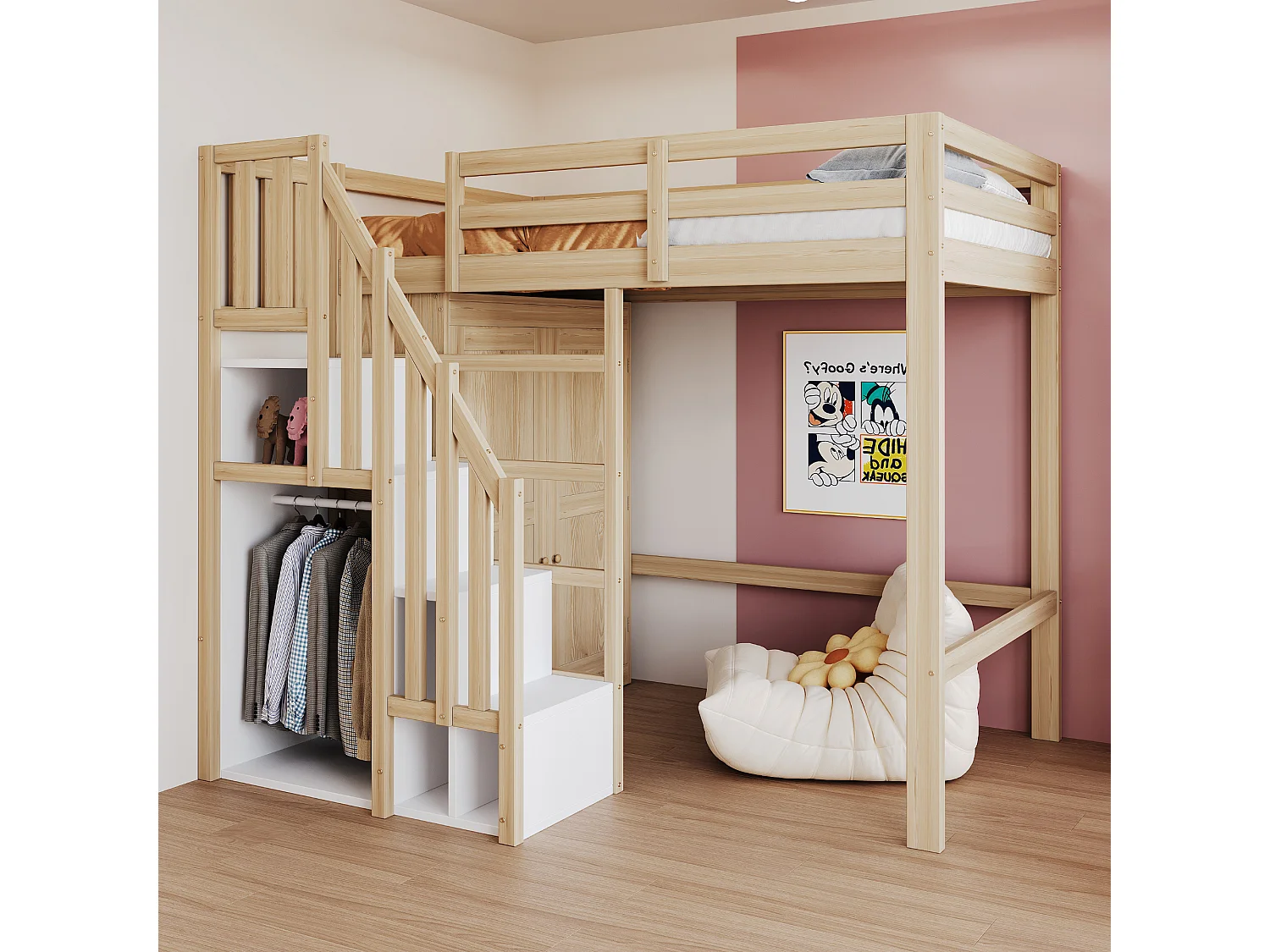 Letto a soppalco per bambini - 90 x 200 cm - con scaletta contenitore + armadio - legno - naturale