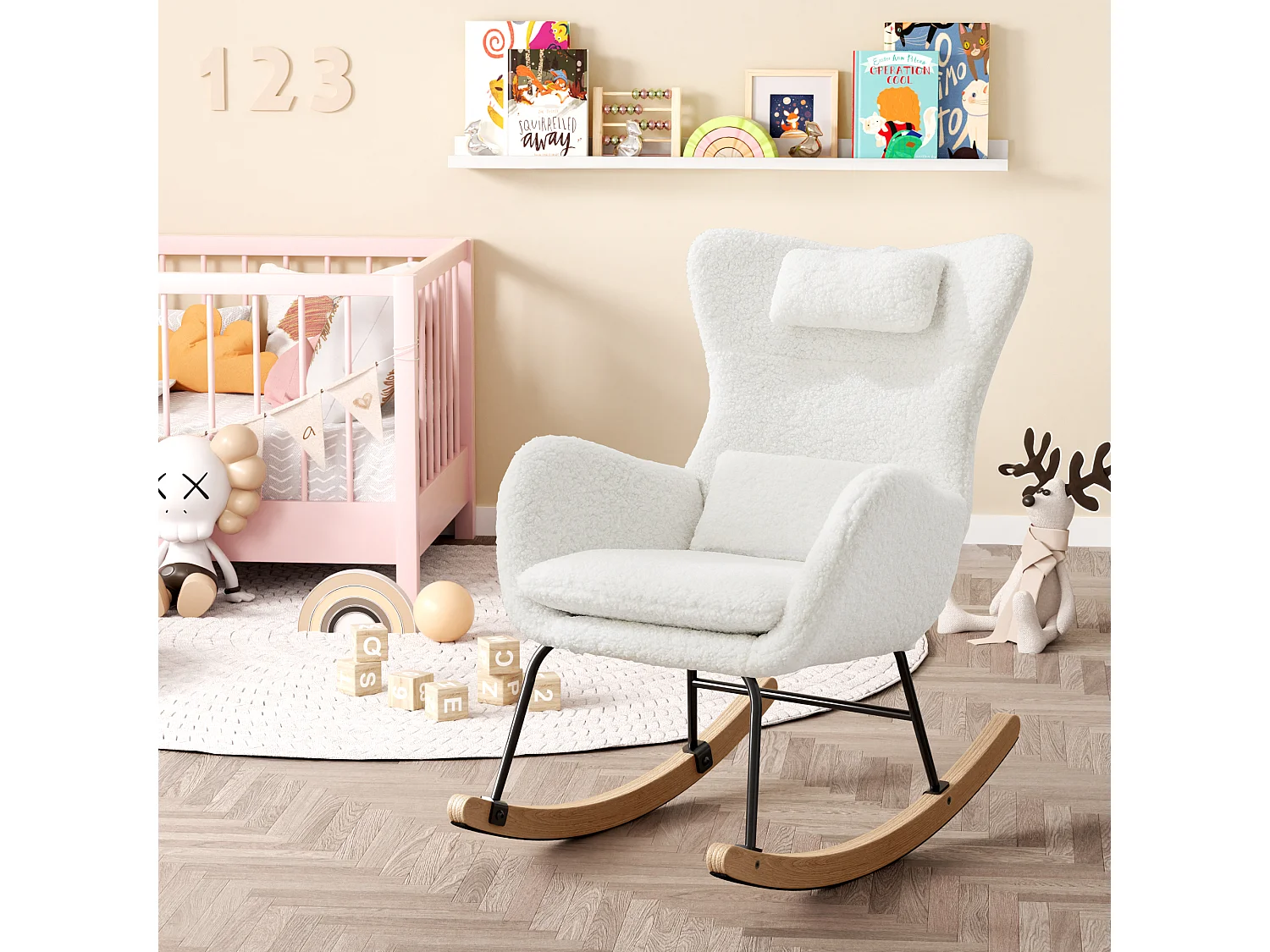 Fauteuil À Bascule Avec Accoudoirs - Chaise Berçante Design Avec Appui-Tête - Blanc