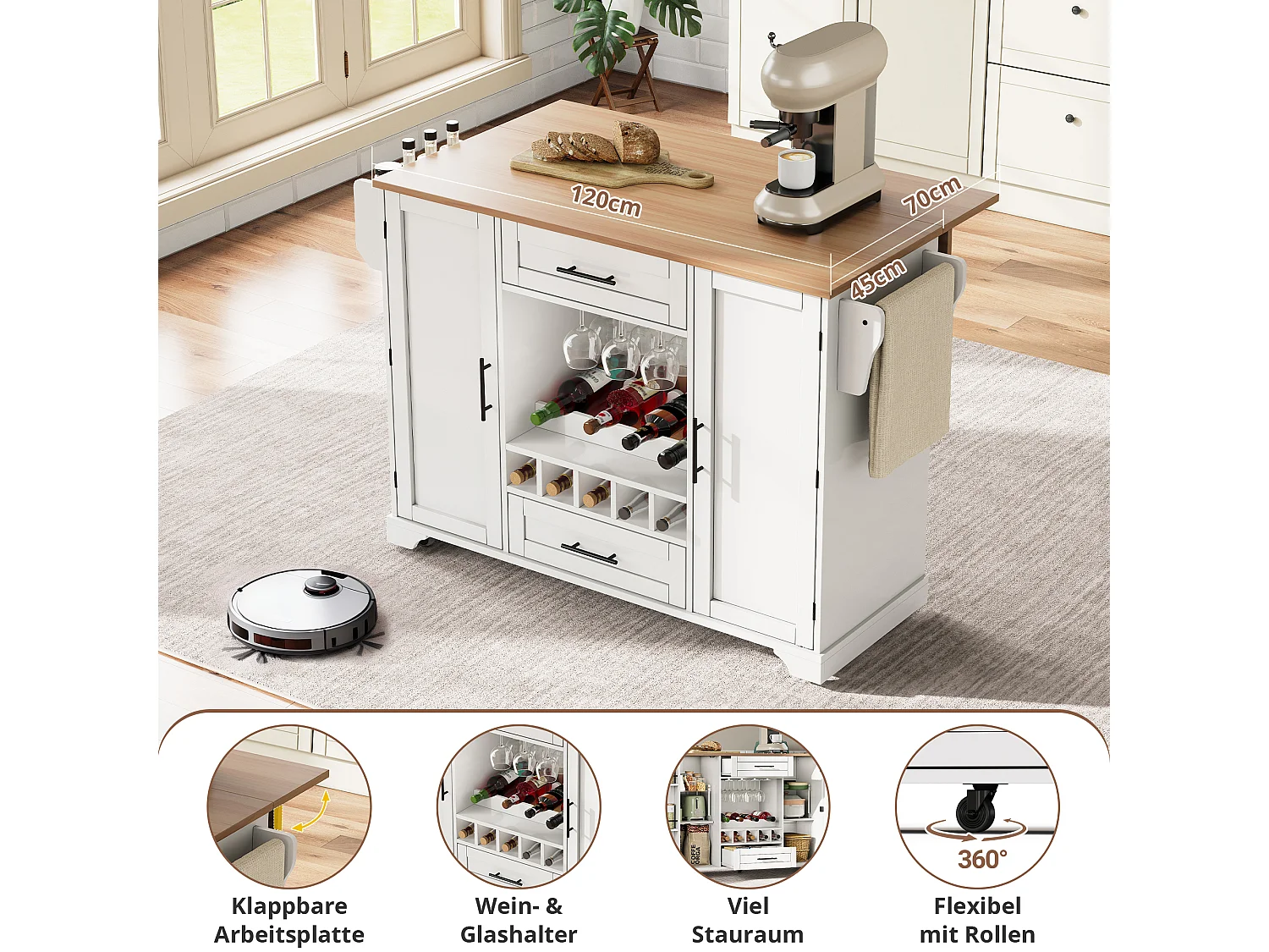 Isla central con encimera abatible sobre ruedas - 138 x 45/70 x 92 cm - con 2 cajones + 2 puertas - MDF - blanca