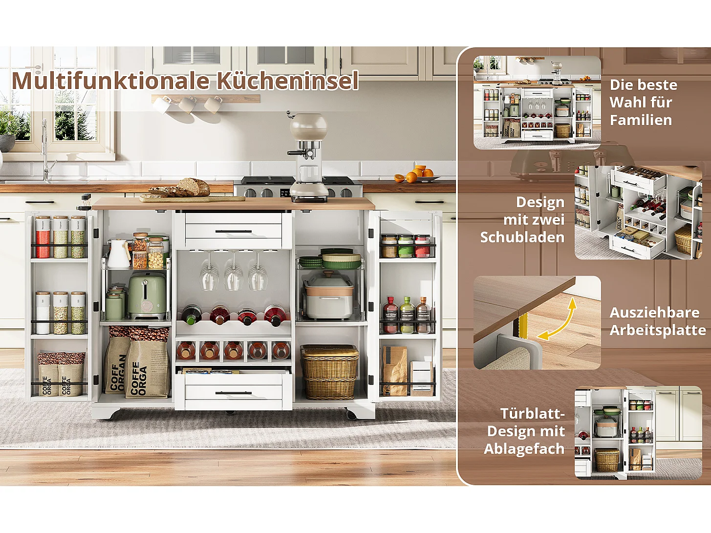 Isla central con encimera abatible sobre ruedas - 138 x 45/70 x 92 cm - con 2 cajones + 2 puertas - MDF - blanca