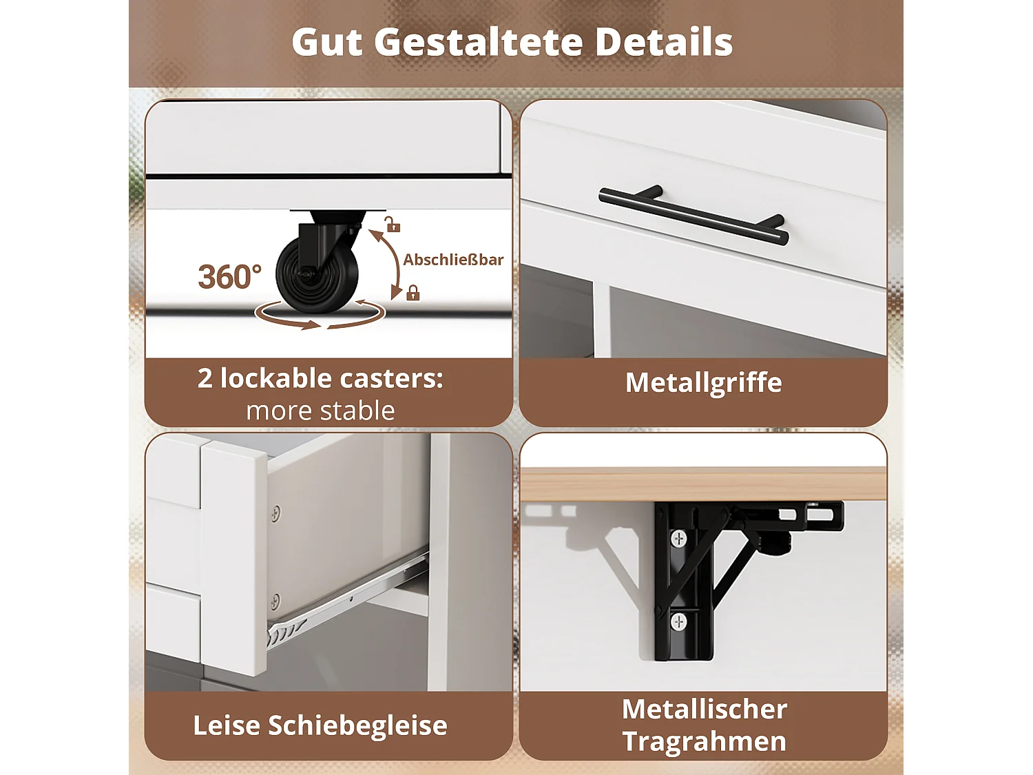 Isla central con encimera abatible sobre ruedas - 138 x 45/70 x 92 cm - con 2 cajones + 2 puertas - MDF - blanca