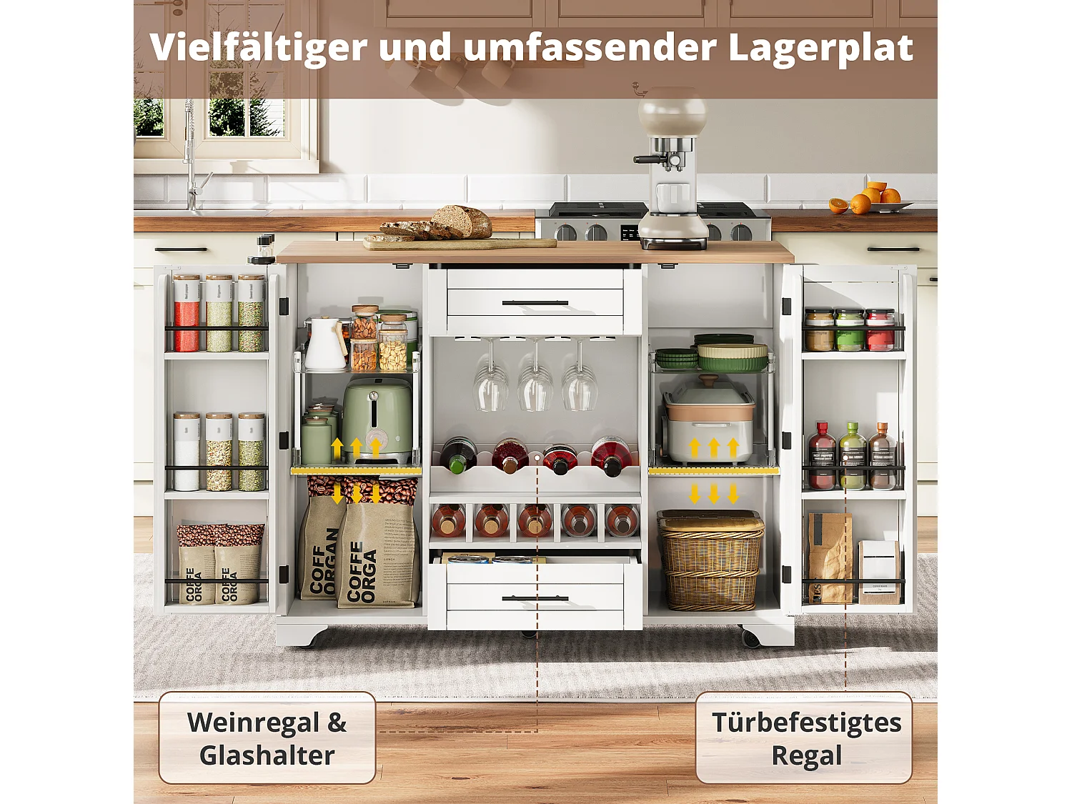 Kücheninsel mit klappbarer Arbeitsplatte auf Rollen – 138 x 45/70 x 92 cm – mit 2 Schubladen und 2 Türen – MDF – weiß