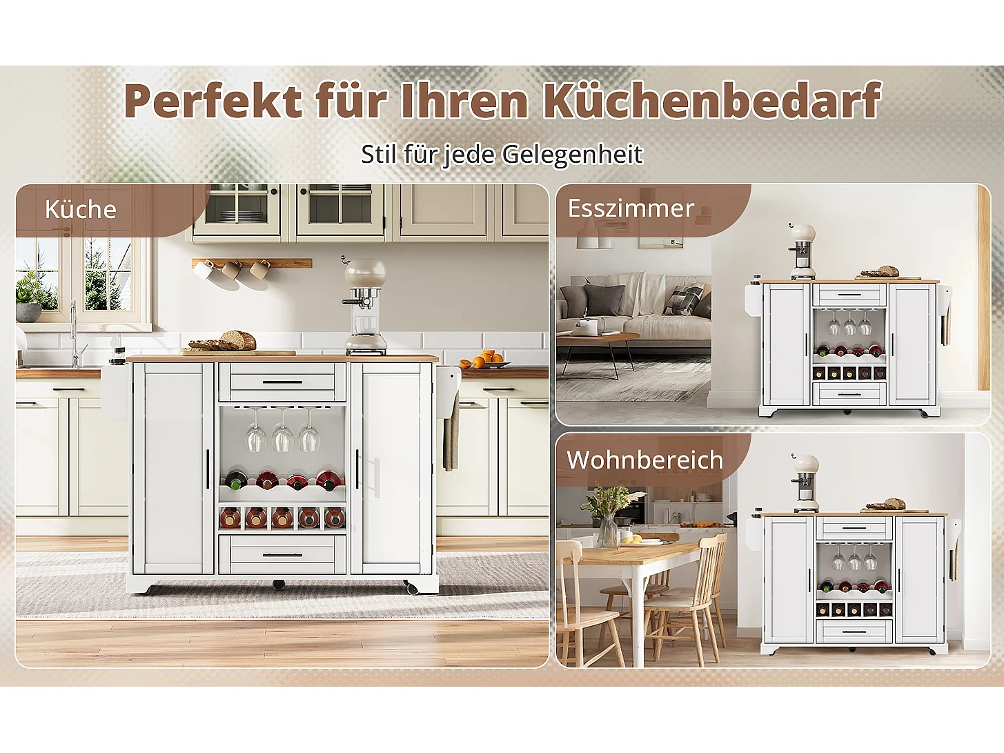 Kücheninsel mit klappbarer Arbeitsplatte auf Rollen – 138 x 45/70 x 92 cm – mit 2 Schubladen und 2 Türen – MDF – weiß