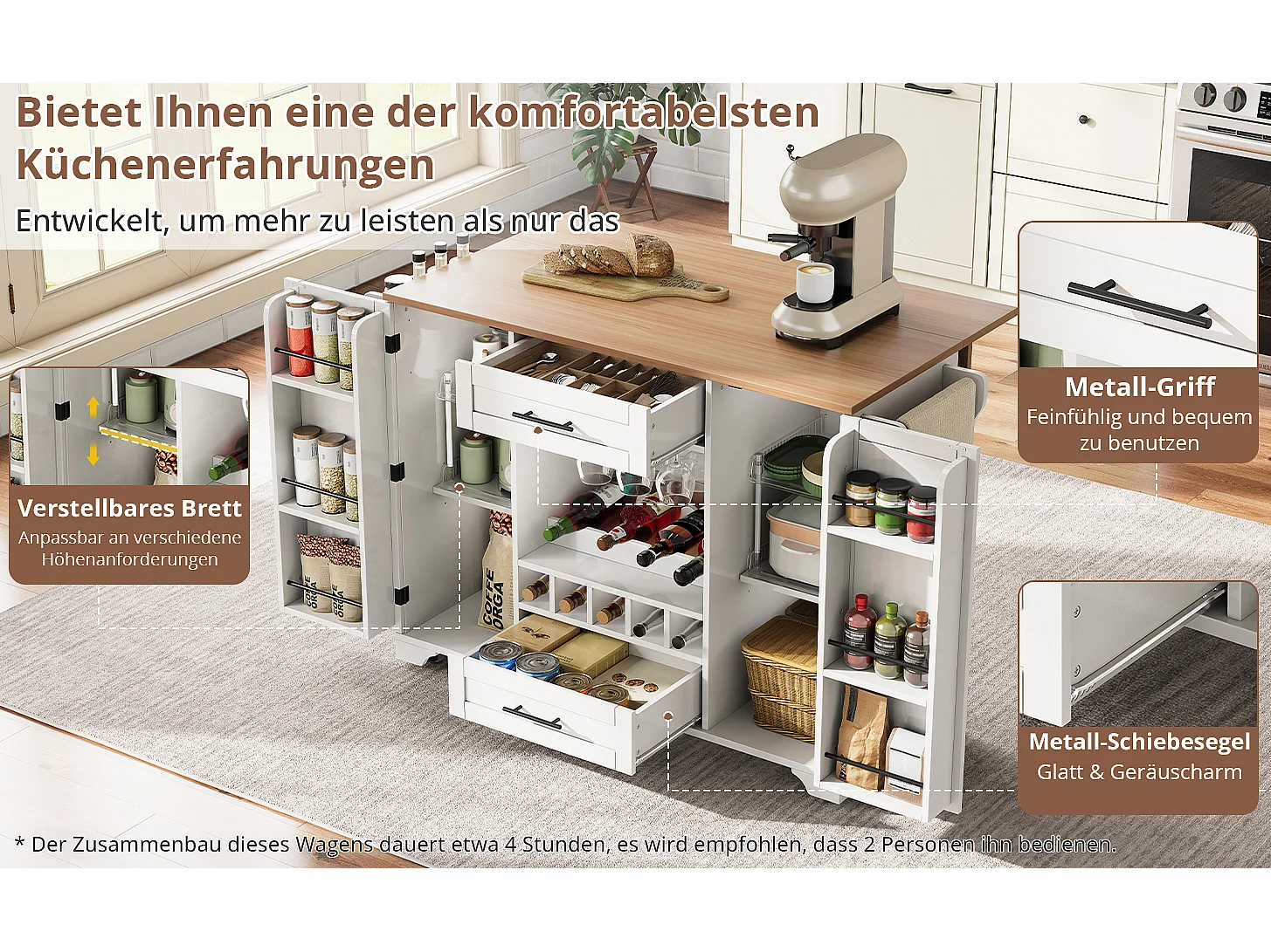 Kücheninsel mit klappbarer Arbeitsplatte auf Rollen – 138 x 45/70 x 92 cm – mit 2 Schubladen und 2 Türen – MDF – weiß