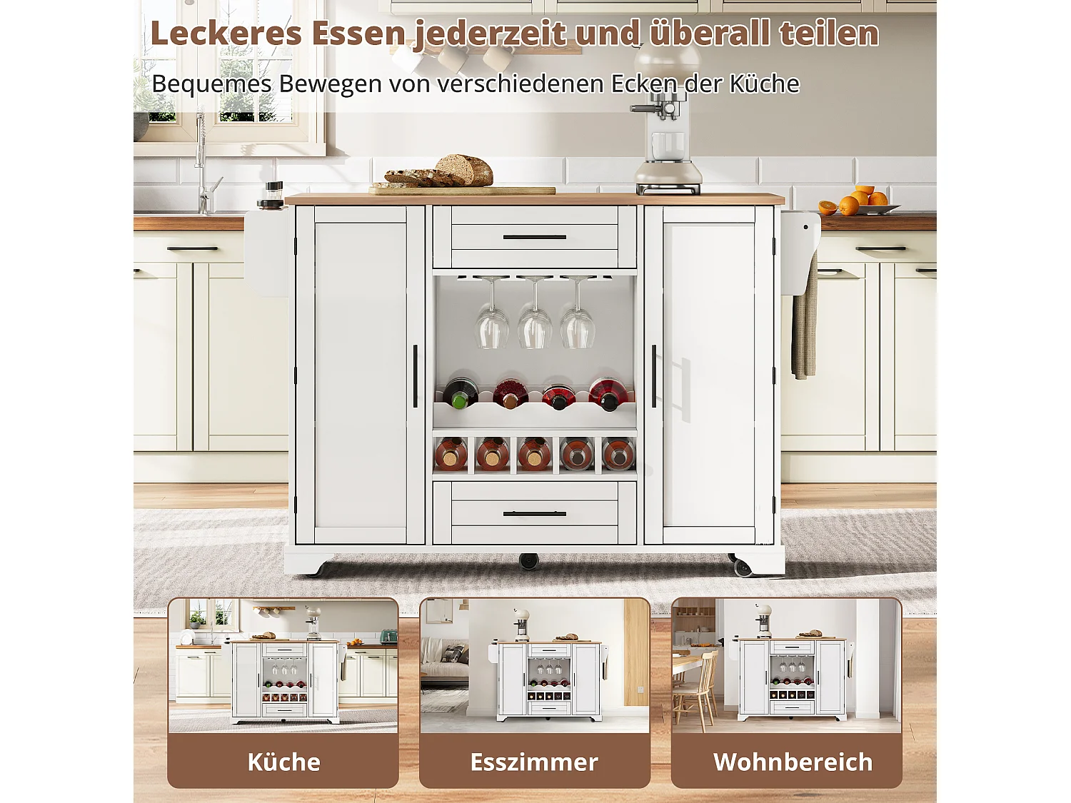 Kücheninsel mit klappbarer Arbeitsplatte auf Rollen – 138 x 45/70 x 92 cm – mit 2 Schubladen und 2 Türen – MDF – weiß