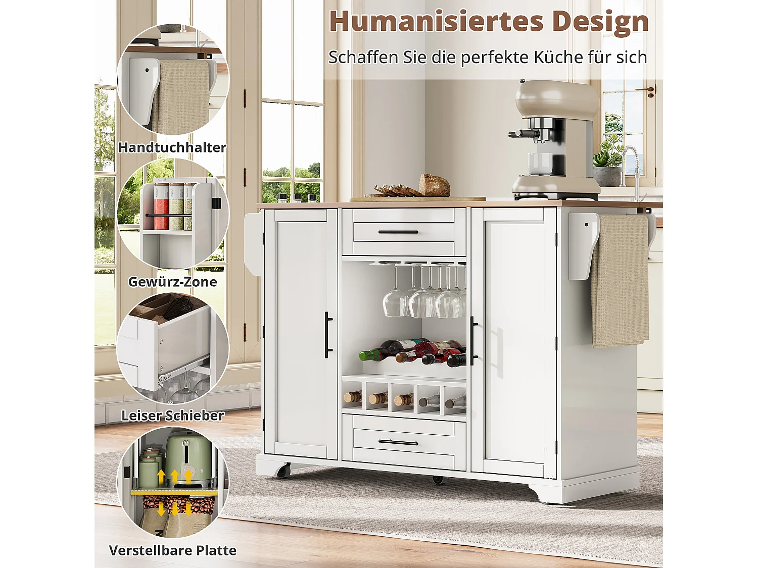 Kücheninsel mit klappbarer Arbeitsplatte auf Rollen – 138 x 45/70 x 92 cm – mit 2 Schubladen und 2 Türen – MDF – weiß