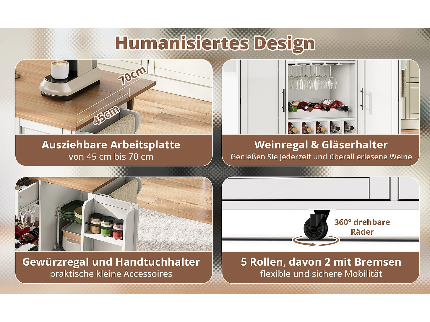 Kücheninsel mit klappbarer Arbeitsplatte auf Rollen – 138 x 45/70 x 92 cm – mit 2 Schubladen und 2 Türen – MDF – weiß