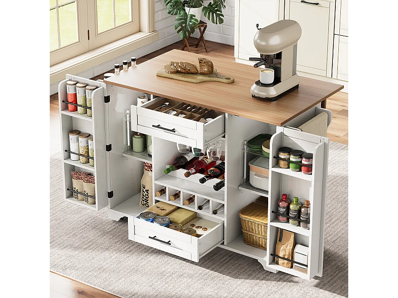 Îlot central avec plan de travail rabattable sur roulettes - 138 x 45/70 x 92 cm - avec 2 tiroirs + 2 portes - MDF - blanc