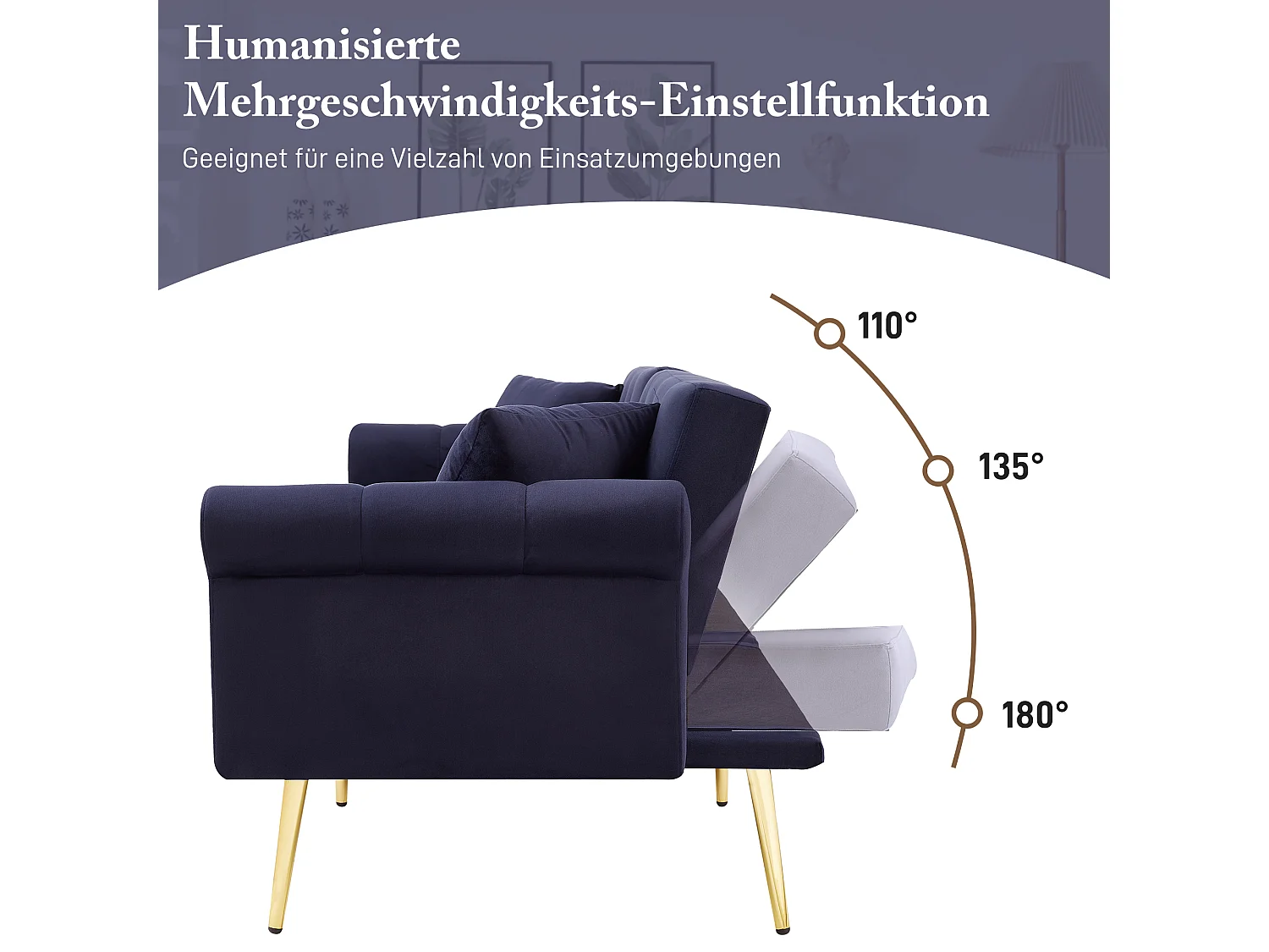 Sofa 2-osobowa z funkcją spania - 173 x 75 x 70 cm - 3-stopniowa regulacja oparcia + złote metalowe nogi - aksamit - granatowy