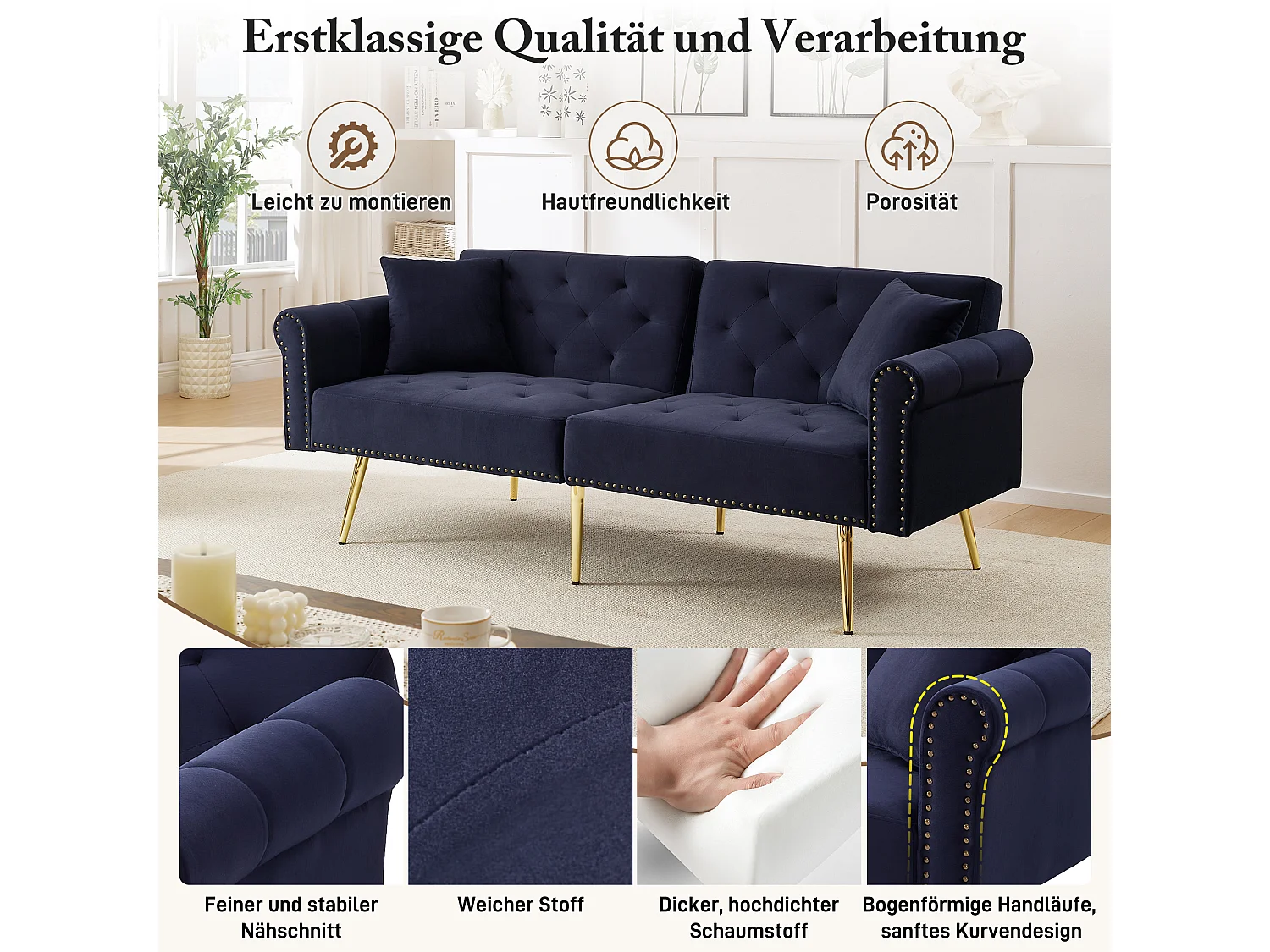 Sofa 2-osobowa z funkcją spania - 173 x 75 x 70 cm - 3-stopniowa regulacja oparcia + złote metalowe nogi - aksamit - granatowy