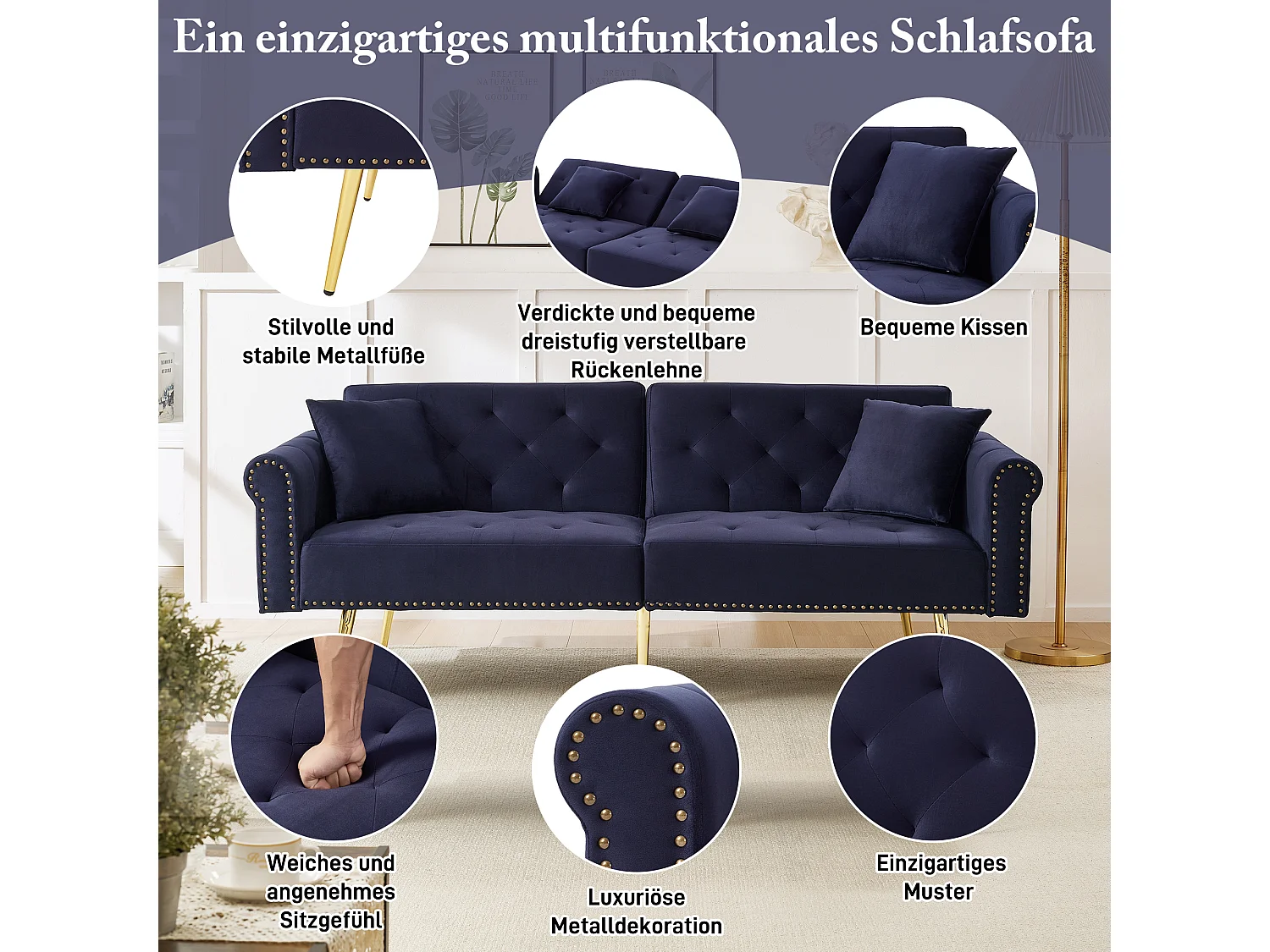 Sofa 2-osobowa z funkcją spania - 173 x 75 x 70 cm - 3-stopniowa regulacja oparcia + złote metalowe nogi - aksamit - granatowy