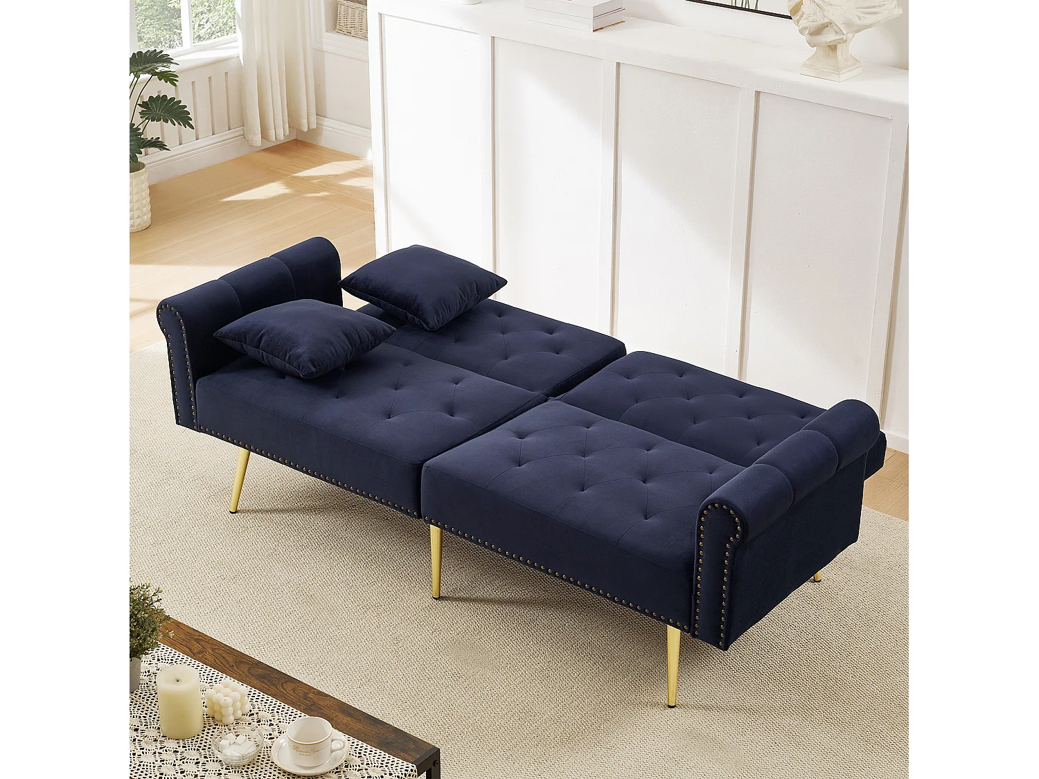 Sofa 2-osobowa z funkcją spania - 173 x 75 x 70 cm - 3-stopniowa regulacja oparcia + złote metalowe nogi - aksamit - granatowy