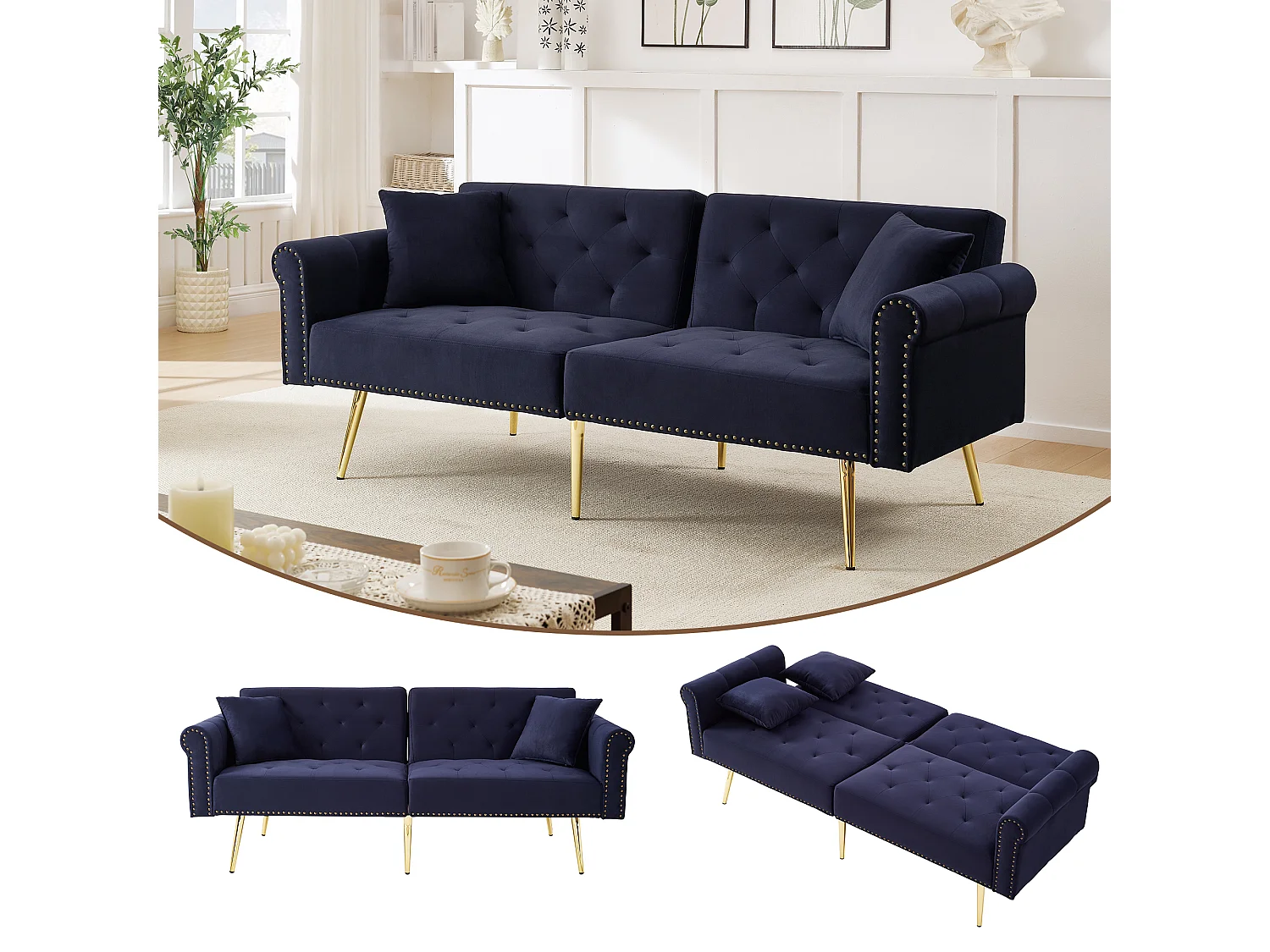 Canapé convertible 2 places - 173 x 75 x 70 cm - dossier réglable sur 3 niveaux + pieds en métal doré - velours - bleu foncé