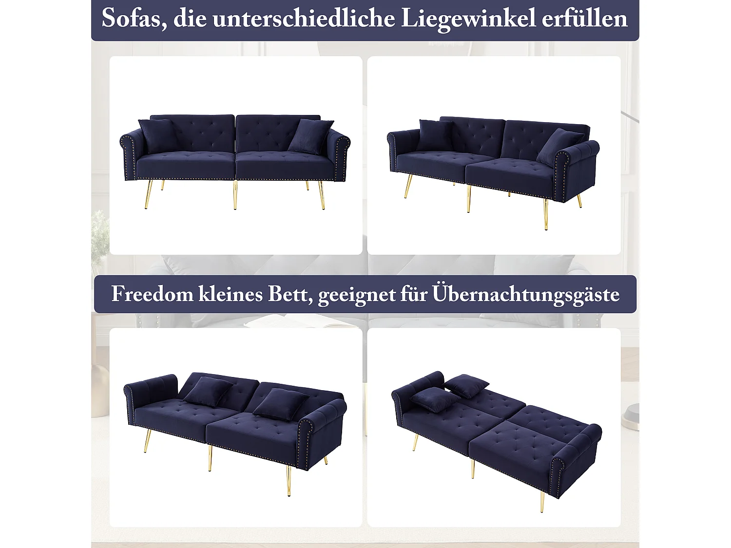 Canapé convertible 2 places - 173 x 75 x 70 cm - dossier réglable sur 3 niveaux + pieds en métal doré - velours - bleu foncé