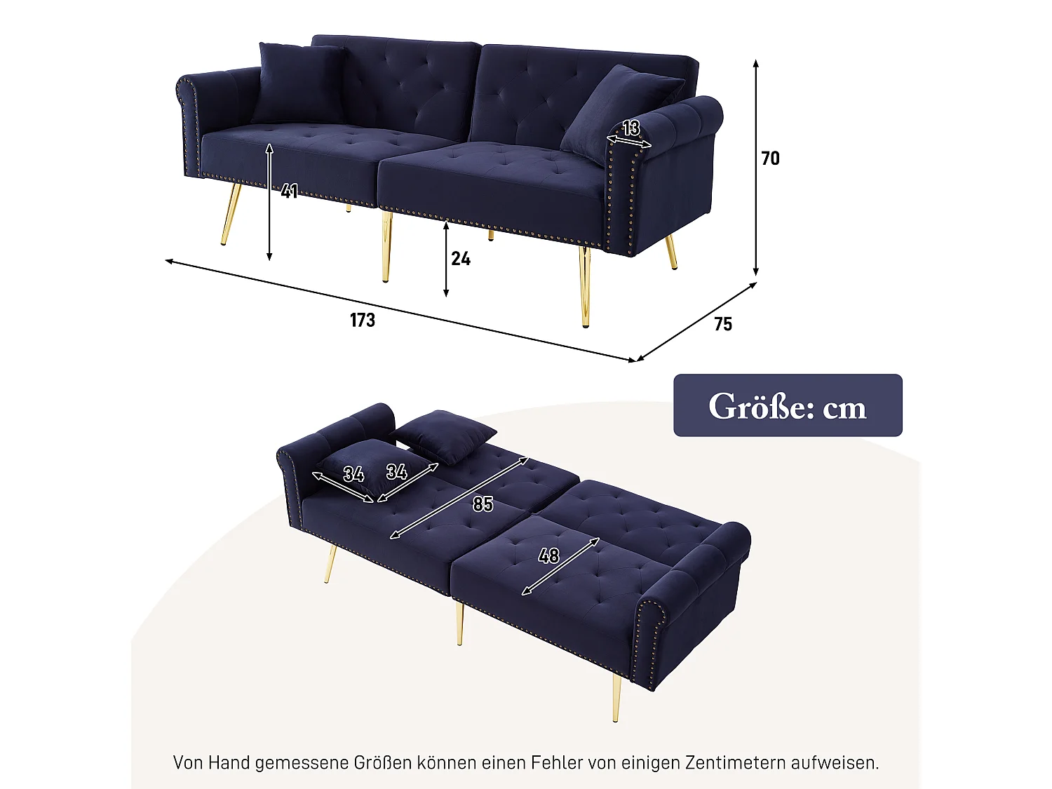 Canapé convertible 2 places - 173 x 75 x 70 cm - dossier réglable sur 3 niveaux + pieds en métal doré - velours - bleu foncé