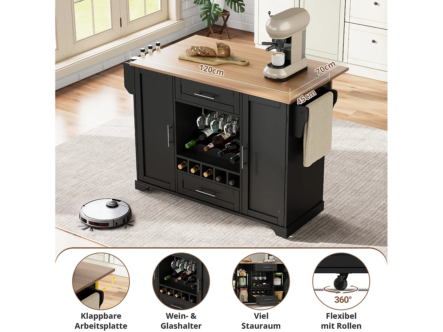 Isla central con encimera abatible sobre ruedas - 138 x 45/70 x 92 cm - con 2 cajones + 2 puertas - MDF - negro