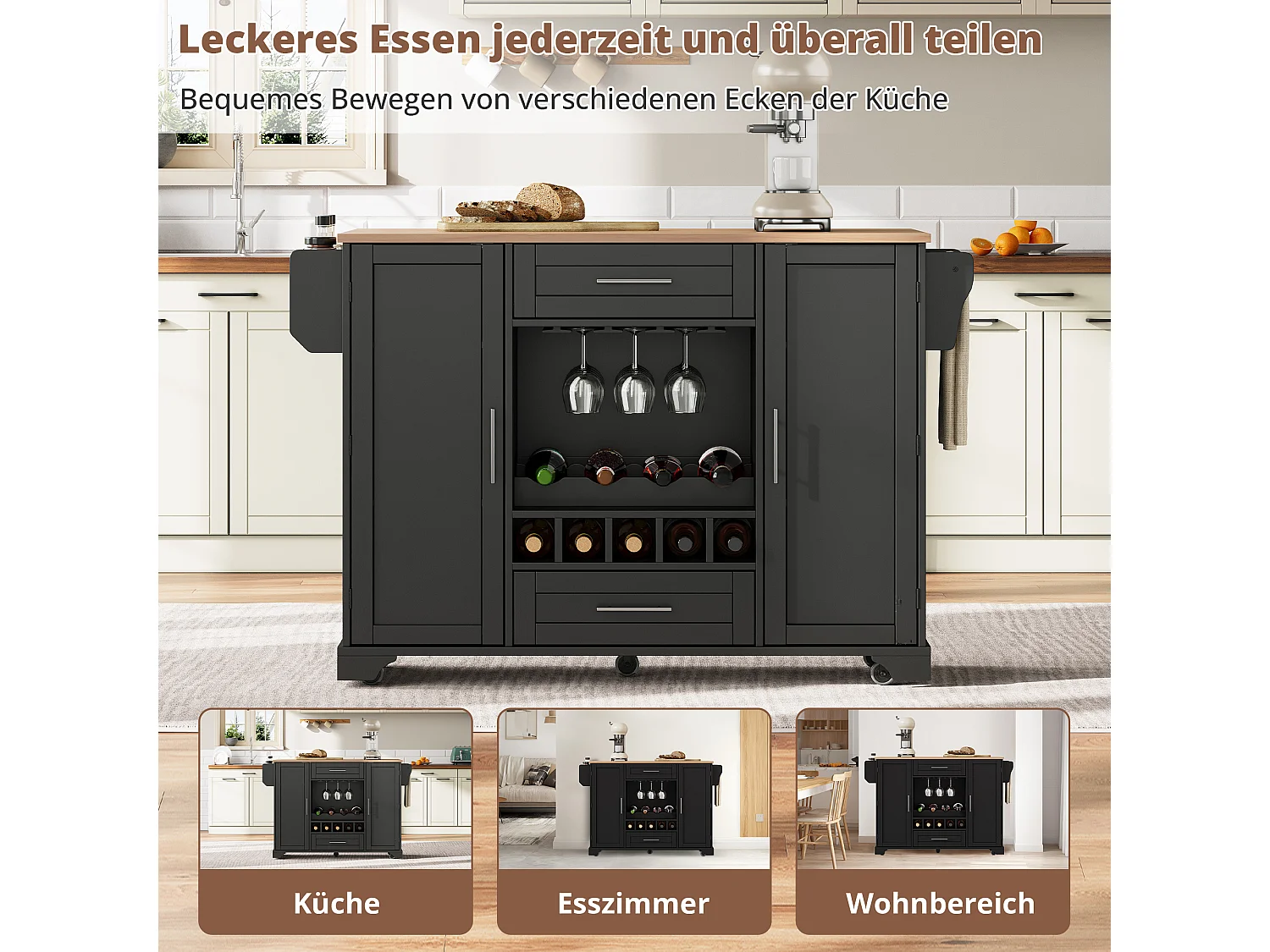 Isla central con encimera abatible sobre ruedas - 138 x 45/70 x 92 cm - con 2 cajones + 2 puertas - MDF - negro