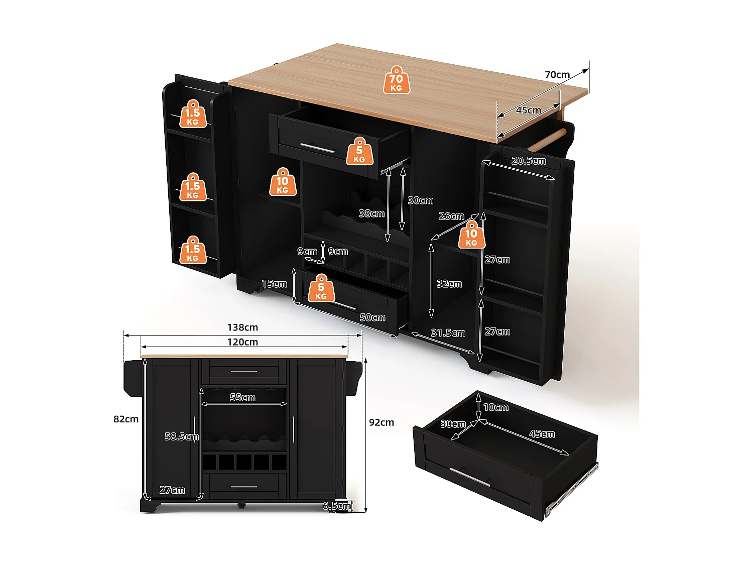 Isla central con encimera abatible sobre ruedas - 138 x 45/70 x 92 cm - con 2 cajones + 2 puertas - MDF - negro