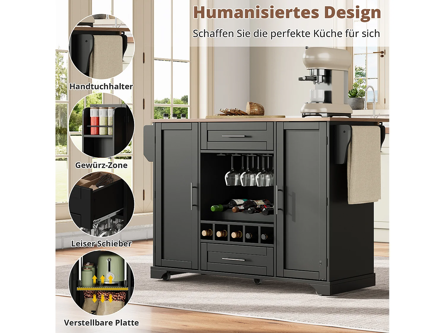 Kücheninsel mit klappbarer Arbeitsplatte auf Rollen – 138 x 45/70 x 92 cm – mit 2 Schubladen und 2 Türen – MDF – schwarz