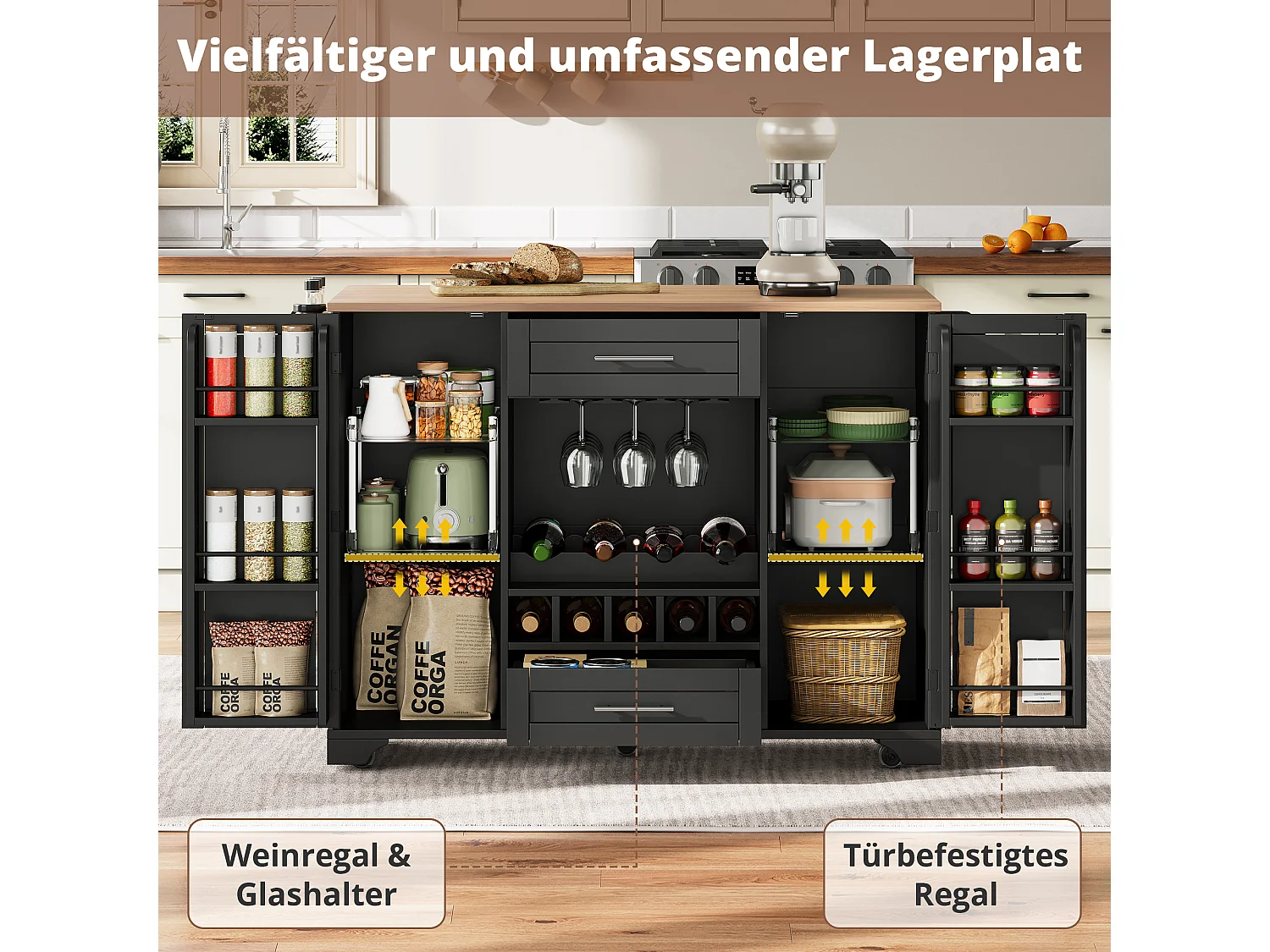 Kücheninsel mit klappbarer Arbeitsplatte auf Rollen – 138 x 45/70 x 92 cm – mit 2 Schubladen und 2 Türen – MDF – schwarz