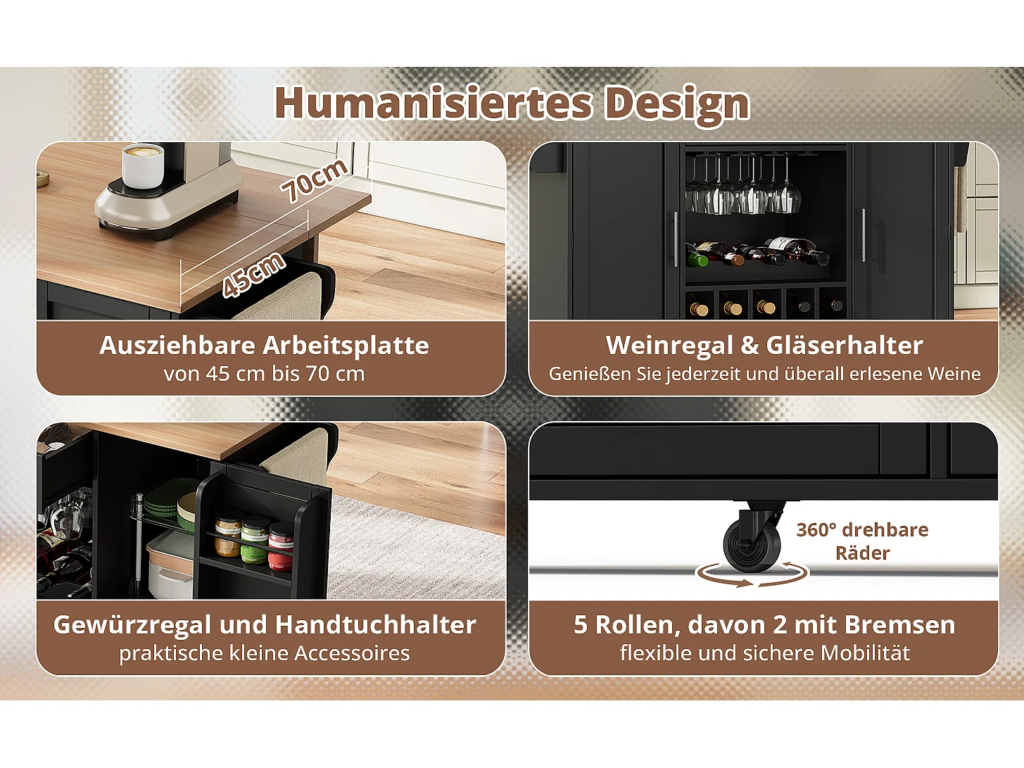 Kücheninsel mit klappbarer Arbeitsplatte auf Rollen – 138 x 45/70 x 92 cm – mit 2 Schubladen und 2 Türen – MDF – schwarz