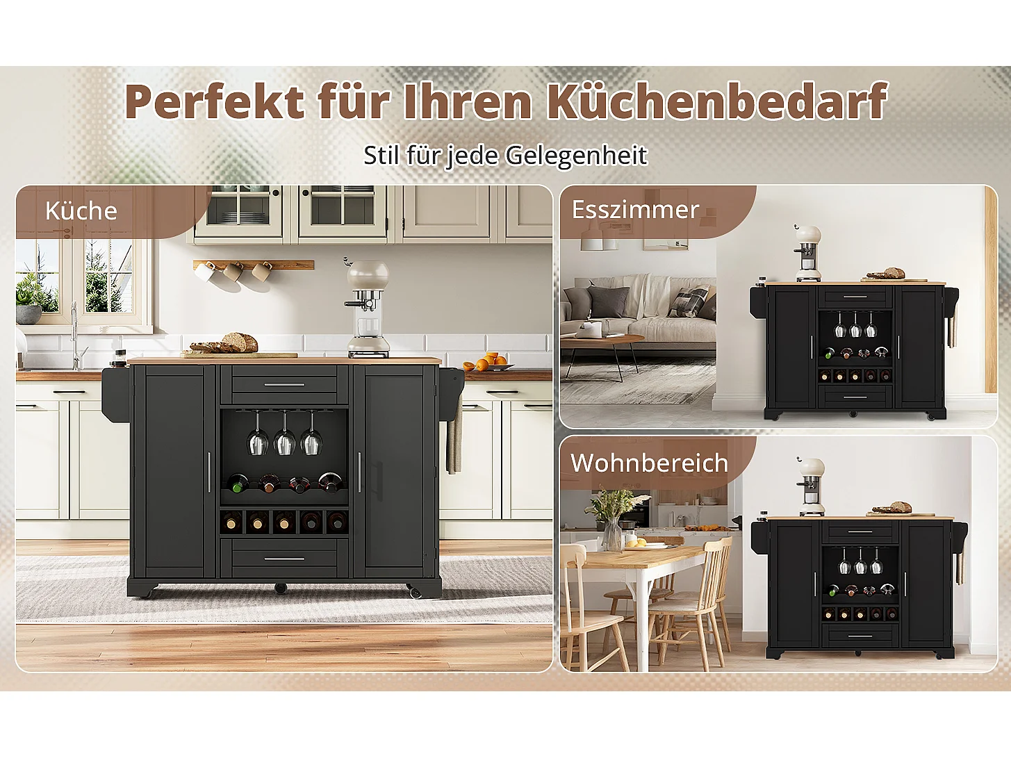 Kücheninsel mit klappbarer Arbeitsplatte auf Rollen – 138 x 45/70 x 92 cm – mit 2 Schubladen und 2 Türen – MDF – schwarz