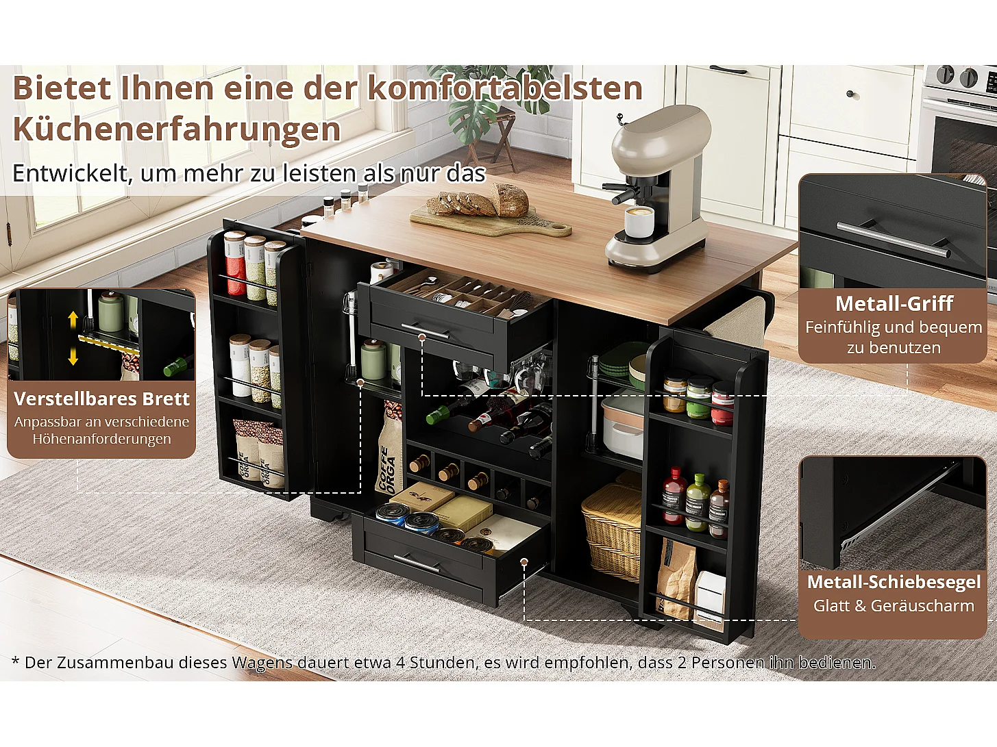 Kücheninsel mit klappbarer Arbeitsplatte auf Rollen – 138 x 45/70 x 92 cm – mit 2 Schubladen und 2 Türen – MDF – schwarz