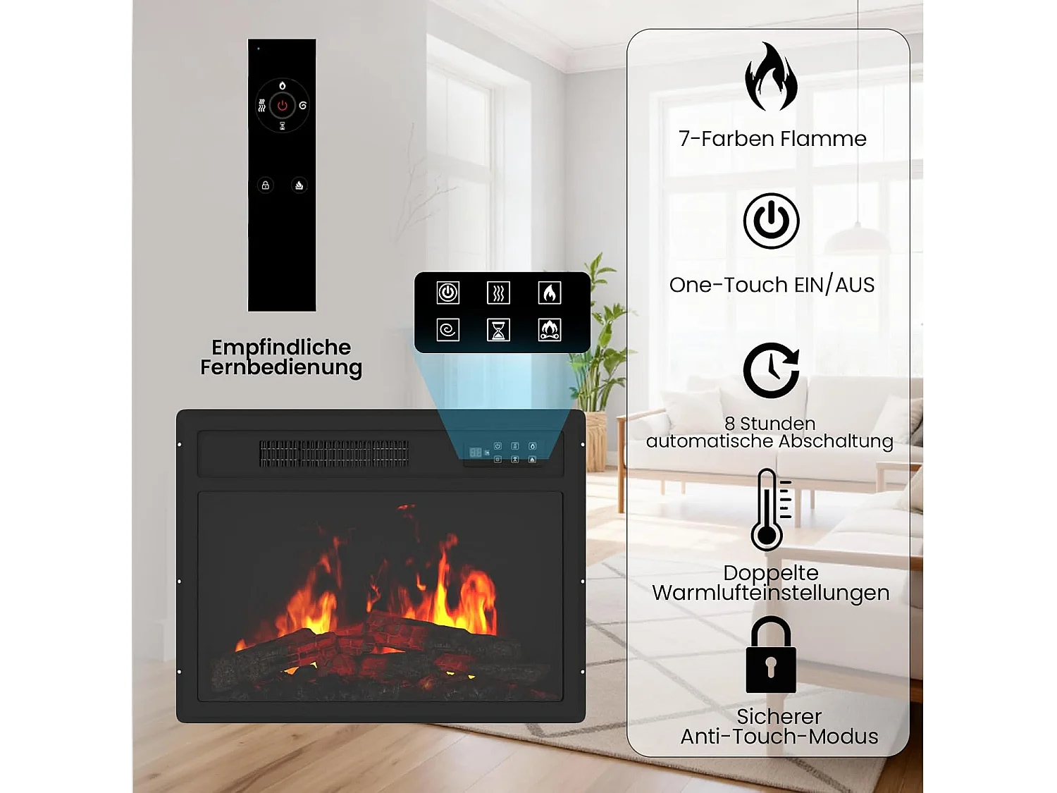 YODOLLA 23 Zoll Einbauelektrokamin mit Heizung, 7 Farben & 5 Stufen Flammeneffekt, LED-Feuereffekt für Wohnzimmer, Schwarz