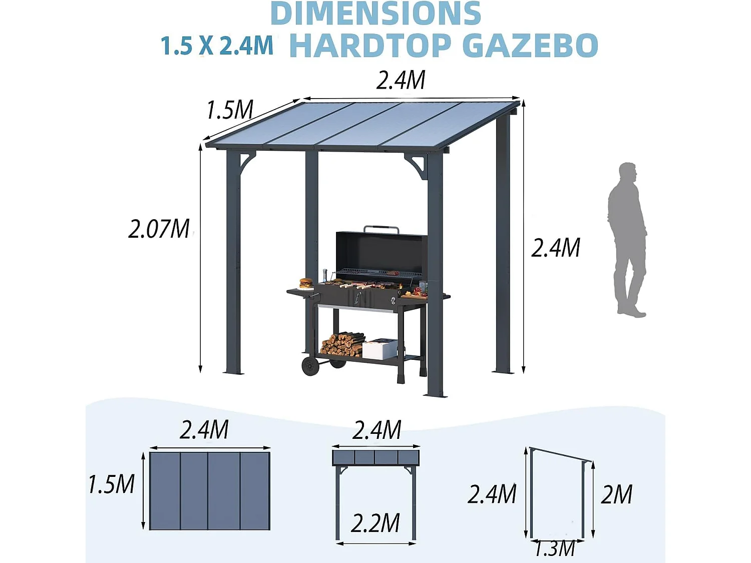 YODOLLA Aluminium-Pavillon, Metallmarkisen, Pavillons, Pergola, Robuste Metall-Pergola (Schwarz, 2,4 x 1,5m)