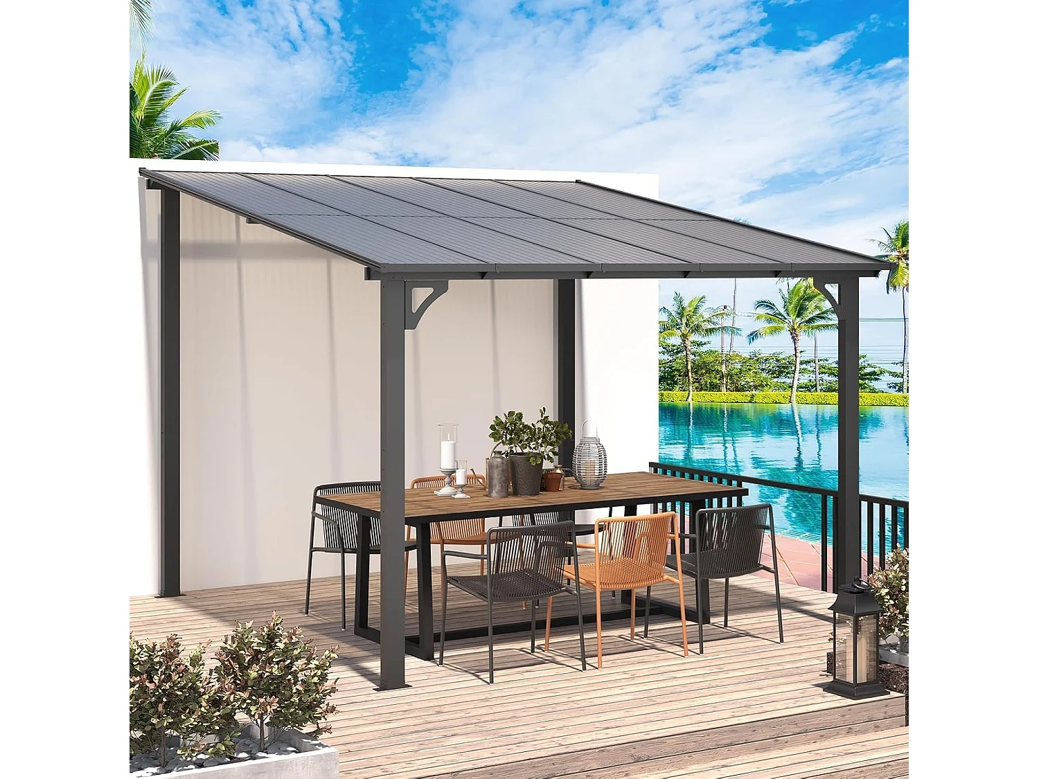 YODOLLA Terrassendach anlehnend bioklimatisch , Metall mit PVC-Dach, 18 cm Schneelast - 5.7㎡ , wasserdicht (Schwarz, 2,4 x 2,4 m)