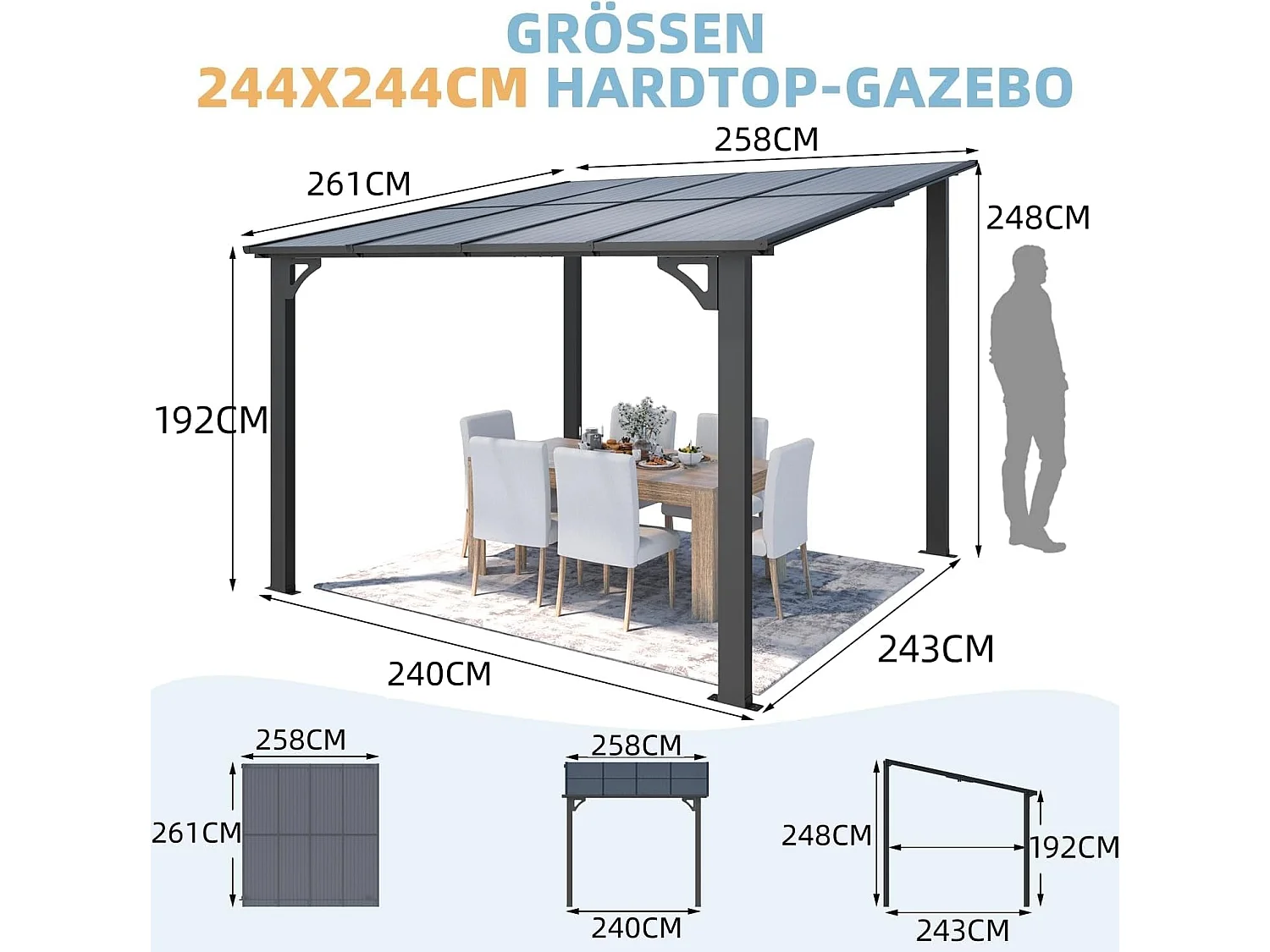 YODOLLA Terrassendach anlehnend bioklimatisch , Metall mit PVC-Dach, 18 cm Schneelast - 5.7㎡ , wasserdicht (Schwarz, 2,4 x 2,4 m)