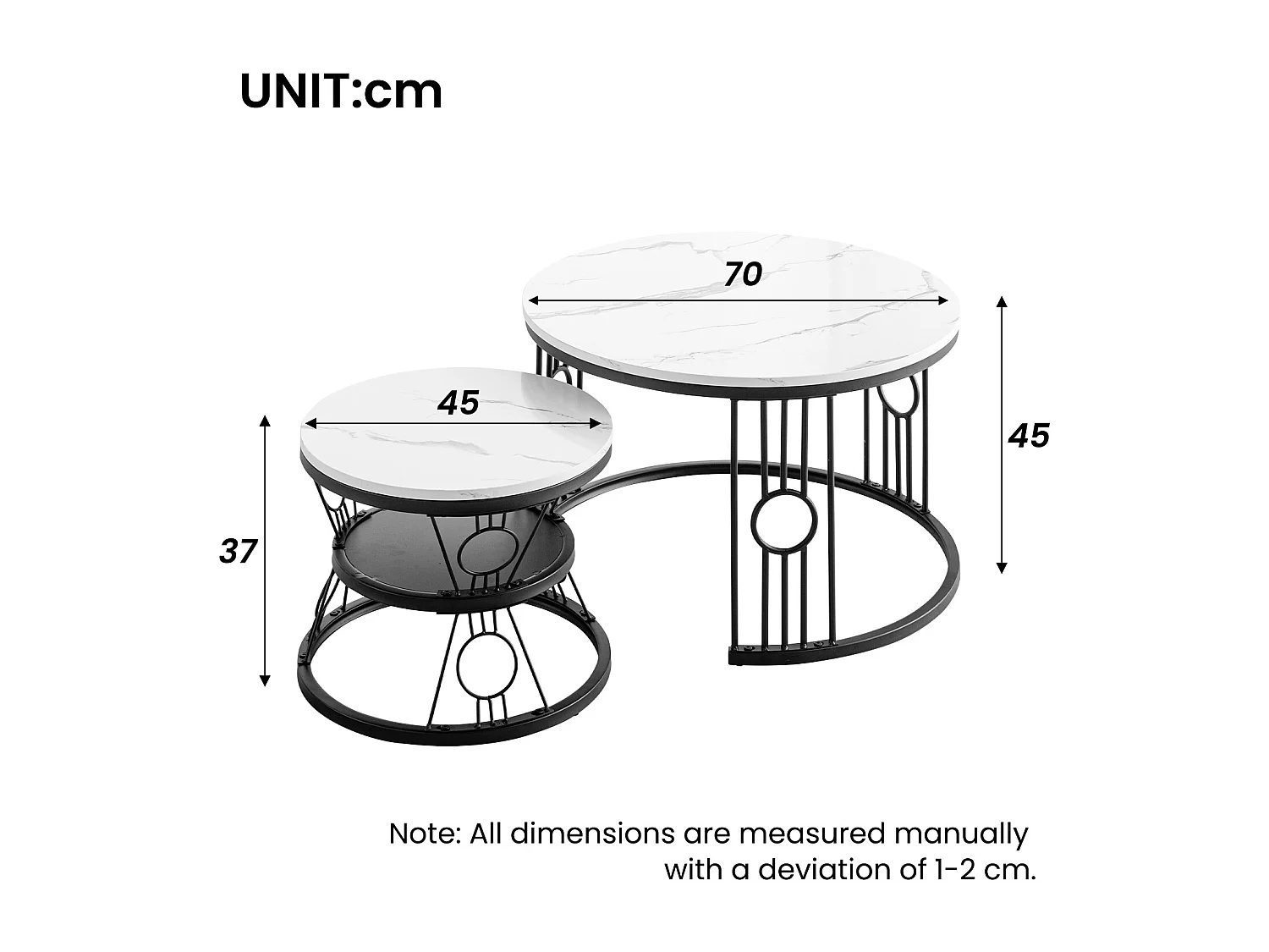 Table Basse Gigogne 2 Pièces - Tables Rondes Empilables pour Salon et Balcon, MDF et Métal - Noir