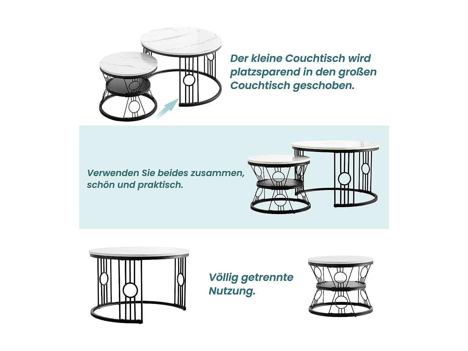 Table Basse Gigogne 2 Pièces - Tables Rondes Empilables pour Salon et Balcon, MDF et Métal - Noir